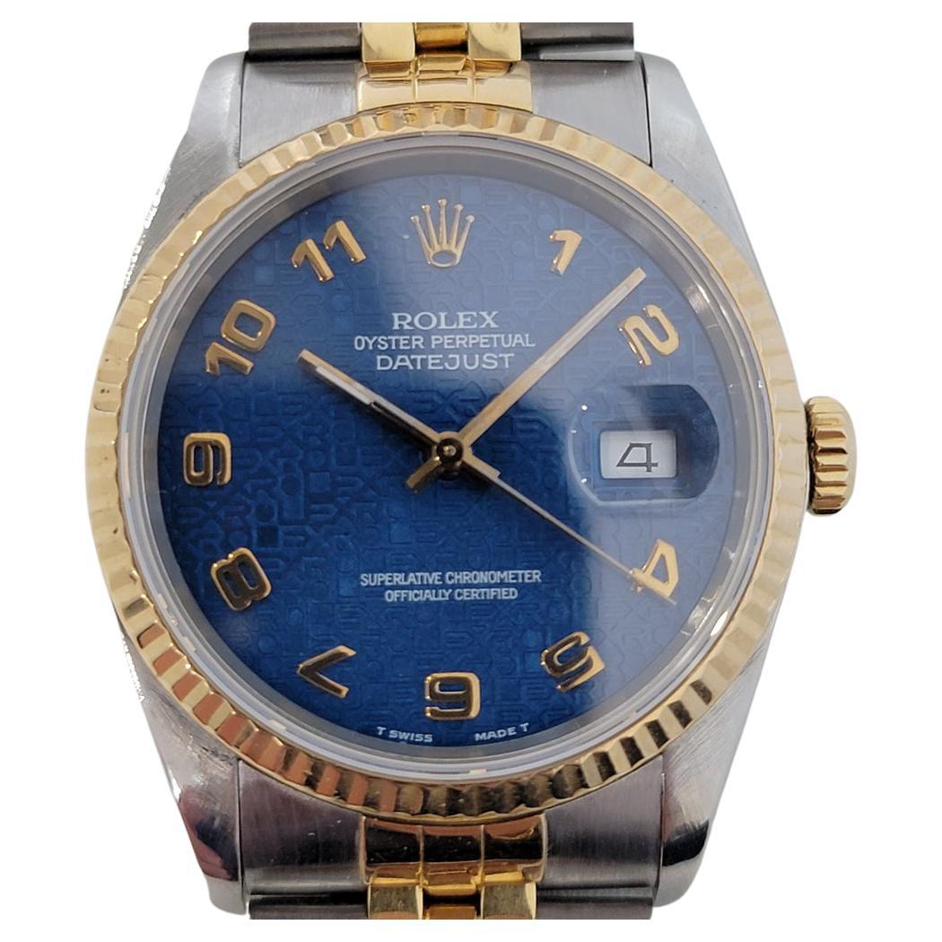 Timeless icon, Men's 18k gold and stainless steel Rolex Oyster Perpetual Datejust Ref.16233 blue computer dial automatic, c.1989, all original. Verified authentic by a master watchmaker. Stunning Rolex signed blue computer dial, unrestored, applied