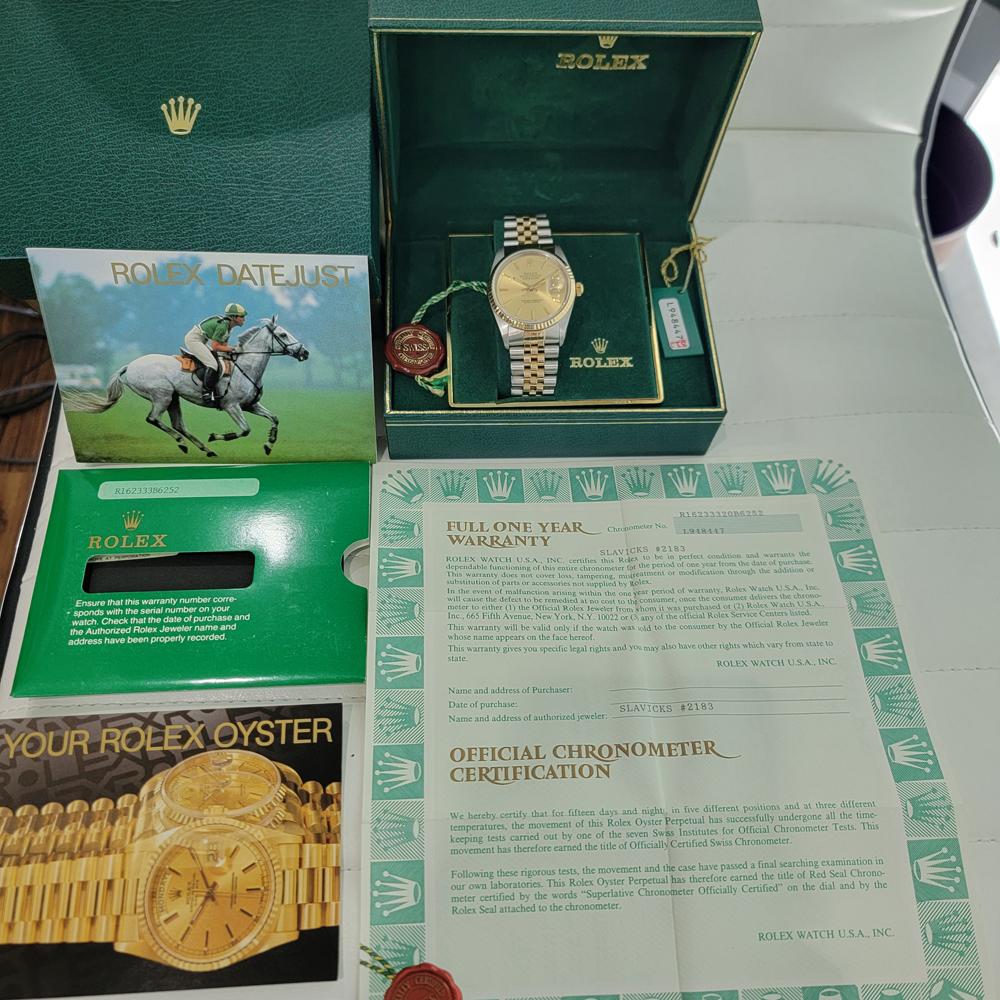 Mens Rolex Datejust 16233 36mm 18k Gold SS 1980s w Box and Paper RA380 8