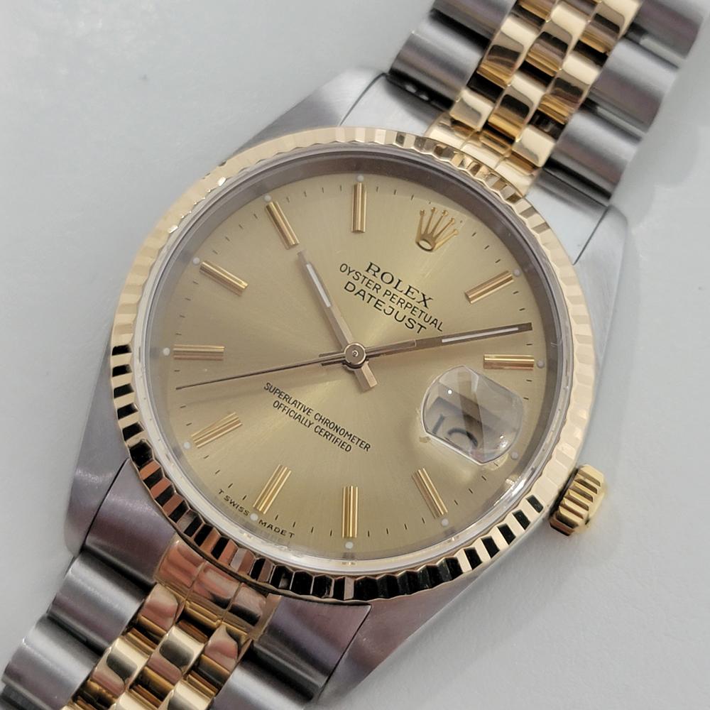 Mens Rolex Datejust 16233 36mm 18k Gold SS 1980s w Box and Paper RA380 In Excellent Condition In Beverly Hills, CA