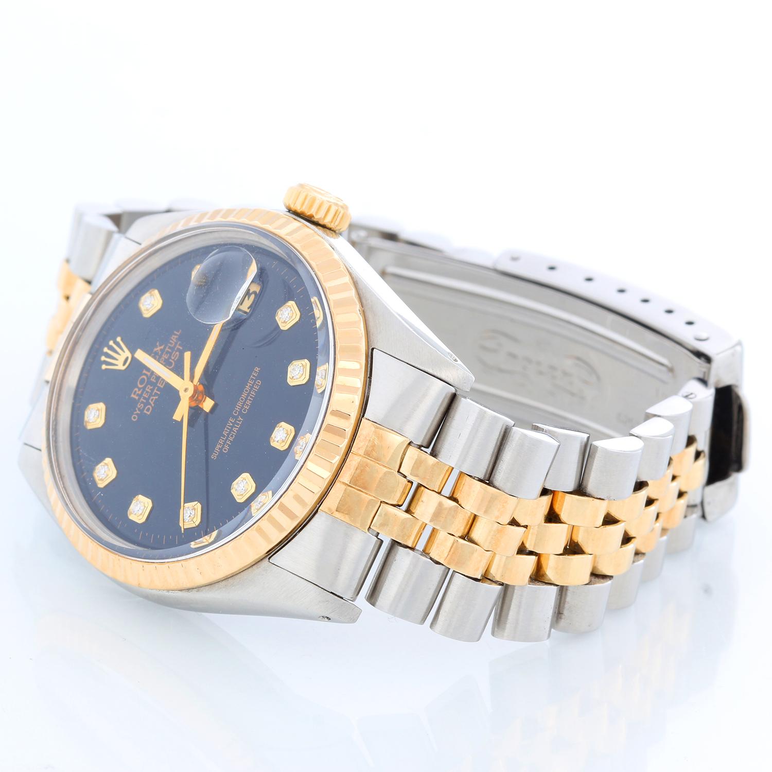 Men's Rolex Datejust 2-Tone Watch 1601 - Automatic winding, 27 jewels, Quickset, acrylic crystal. Stainless steel and 18k yellow gold fluted bezel. Blue Rolex diamond dial. 14K Two-tone Jubilee bracelet. Pre-owned with custom box. 