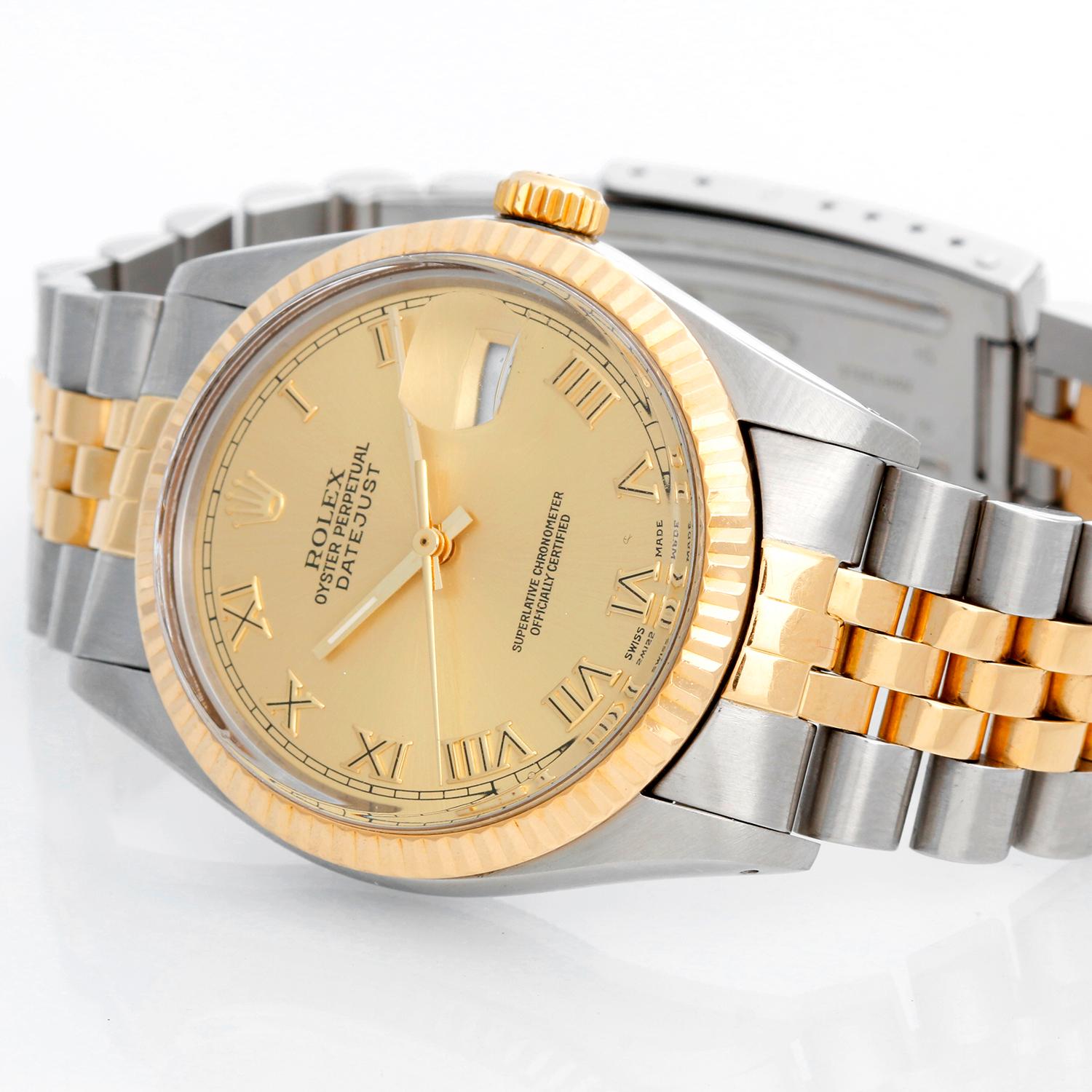 Men's Rolex Datejust 2-Tone Watch 16103 - Automatic winding, 27 jewels, Quickset, acrylic crystal. Stainless steel case with fluted  bezel ( 36 mm ). Champagne dial with Roman numerals . Stainless steel and 18k yellow gold Jubilee bracelet.