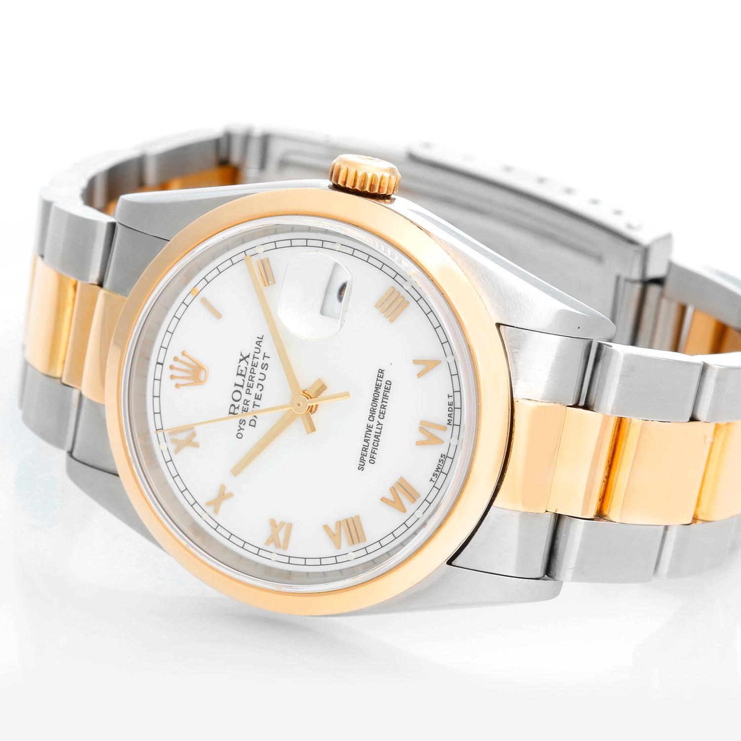 Men's Rolex Datejust 2-Tone Watch 16203 - Automatic winding, 27 jewels, Quickset, acrylic crystal. Stainless steel case with smooth bezel ( 36 mm ). White dial with yellow gold Roman numerals . Stainless steel and 18k yellow gold Oyster bracelet.