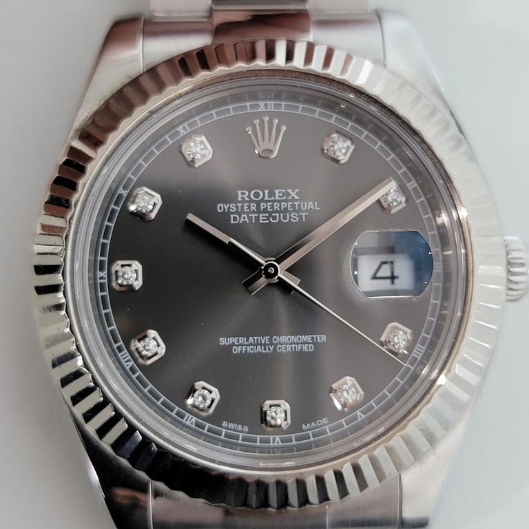 Timeless icon, Men's Rolex Oyster Perpetual Datejust II Ref.116334 Rhodium diamond dial automatic, c.2018, all original, with original Rolex pouch. Verified authentic by a master watchmaker. Stunning Rolex signed rhodium dial, applied diamond hour