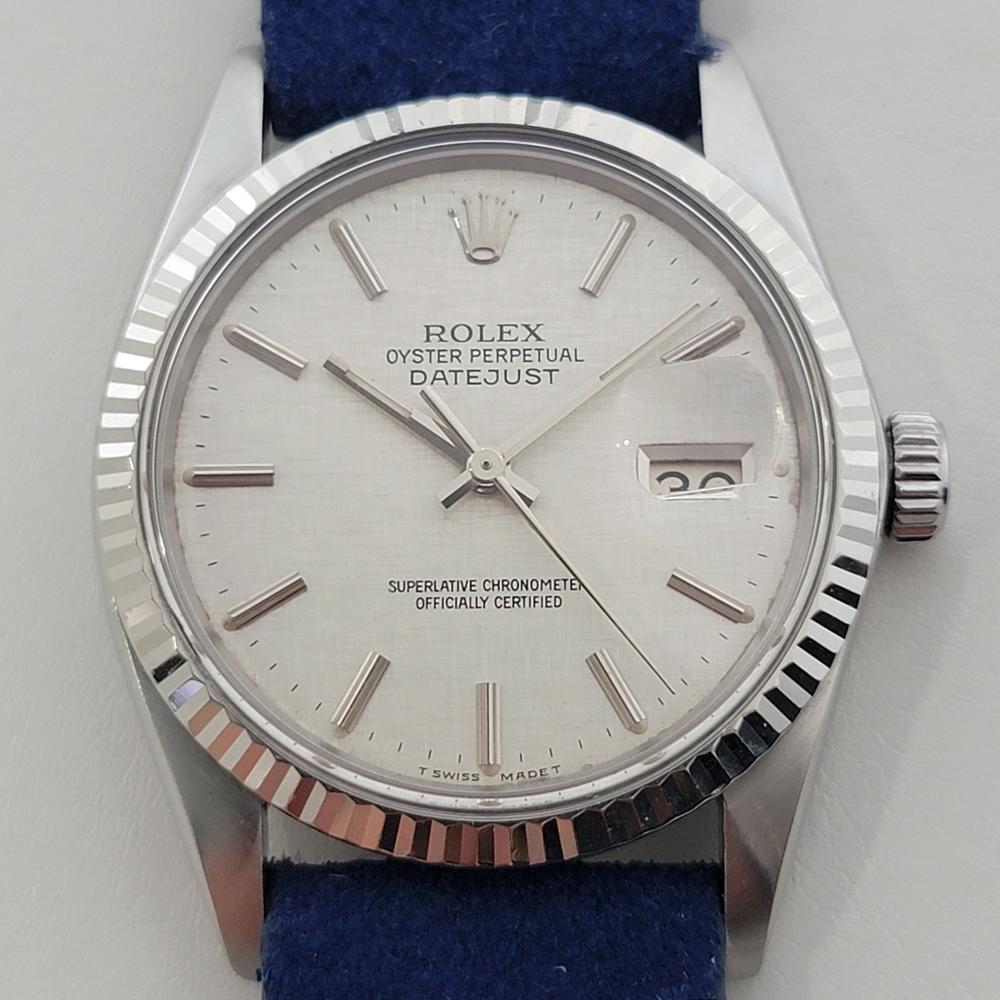 Timeless icon, Men's 18k white gold and stainless steel Rolex Oyster Perpetual Datejust Ref.16014 automatic, c.1981, in excellent working condition. Verified authentic by a master watchmaker. Iconic Rolex linen dial, applied baton index hour