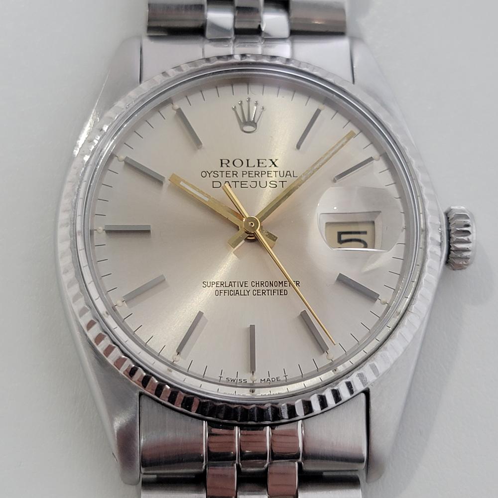 Timeless icon, all original Men's 18k white gold and stainless steel Rolex Oyster Perpetual Datejust Ref.16014 automatic, c.1979. Verified authentic by a master watchmaker. Gorgeous Rolex signed silver dial, applied indice hour markers, gilt minute