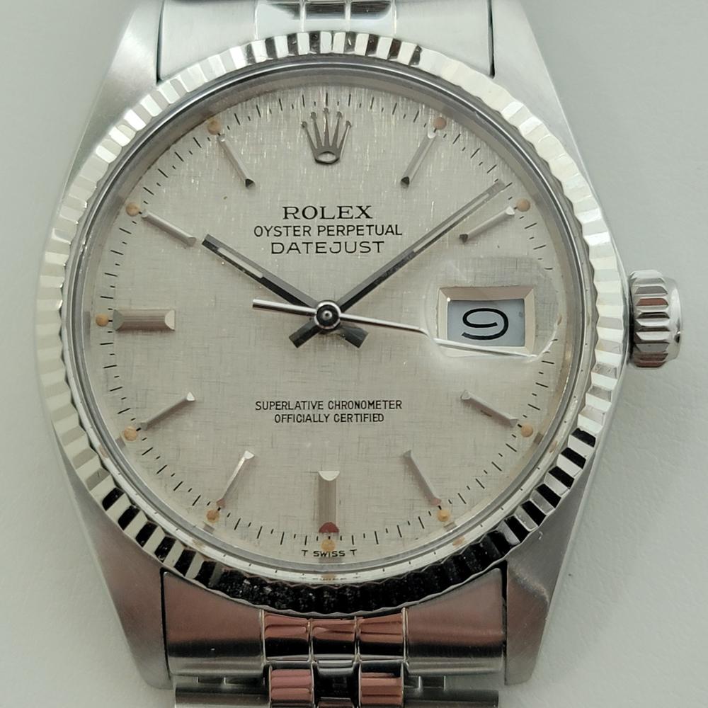 Iconic classic, Men's 18k white gold and stainless steel Rolex Oyster Perpetual Datejust Ref.16014 automatic, c.1979, all original, in excellent working condition. Verified authentic by a master watchmaker. Gorgeous Rolex signed iconic linen dial,