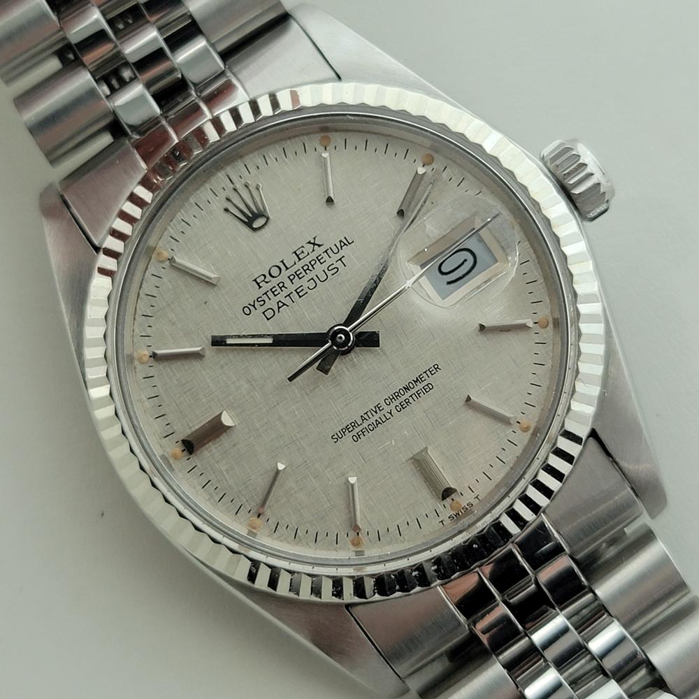 Mens Rolex Datejust 16014 36mm 18k SS Linen Dial Automatic 1970s Vintage RA485 In Excellent Condition For Sale In Beverly Hills, CA