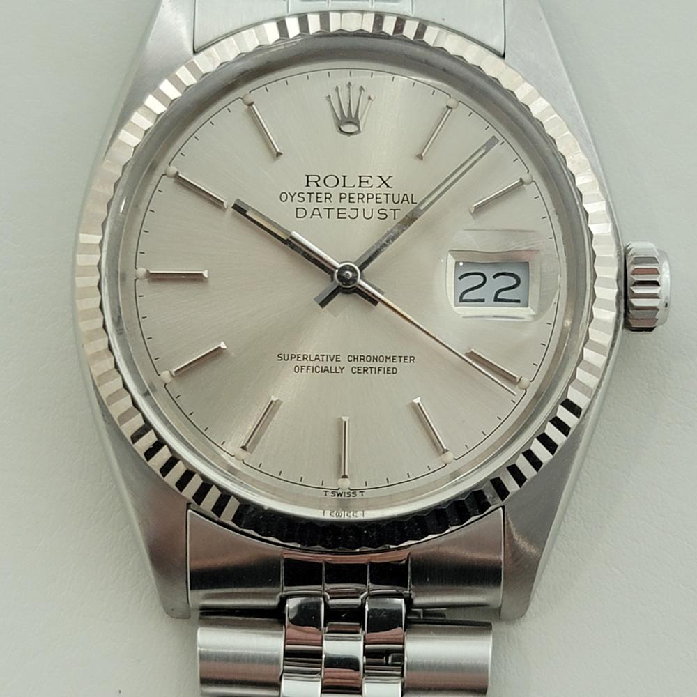 Iconic classic, Men's 18k white gold and stainless steel Rolex Oyster Perpetual Datejust Ref.16014 automatic, c.1979, all original, in excellent working condition. Verified authentic by a master watchmaker. Gorgeous Rolex signed silver dial, applied