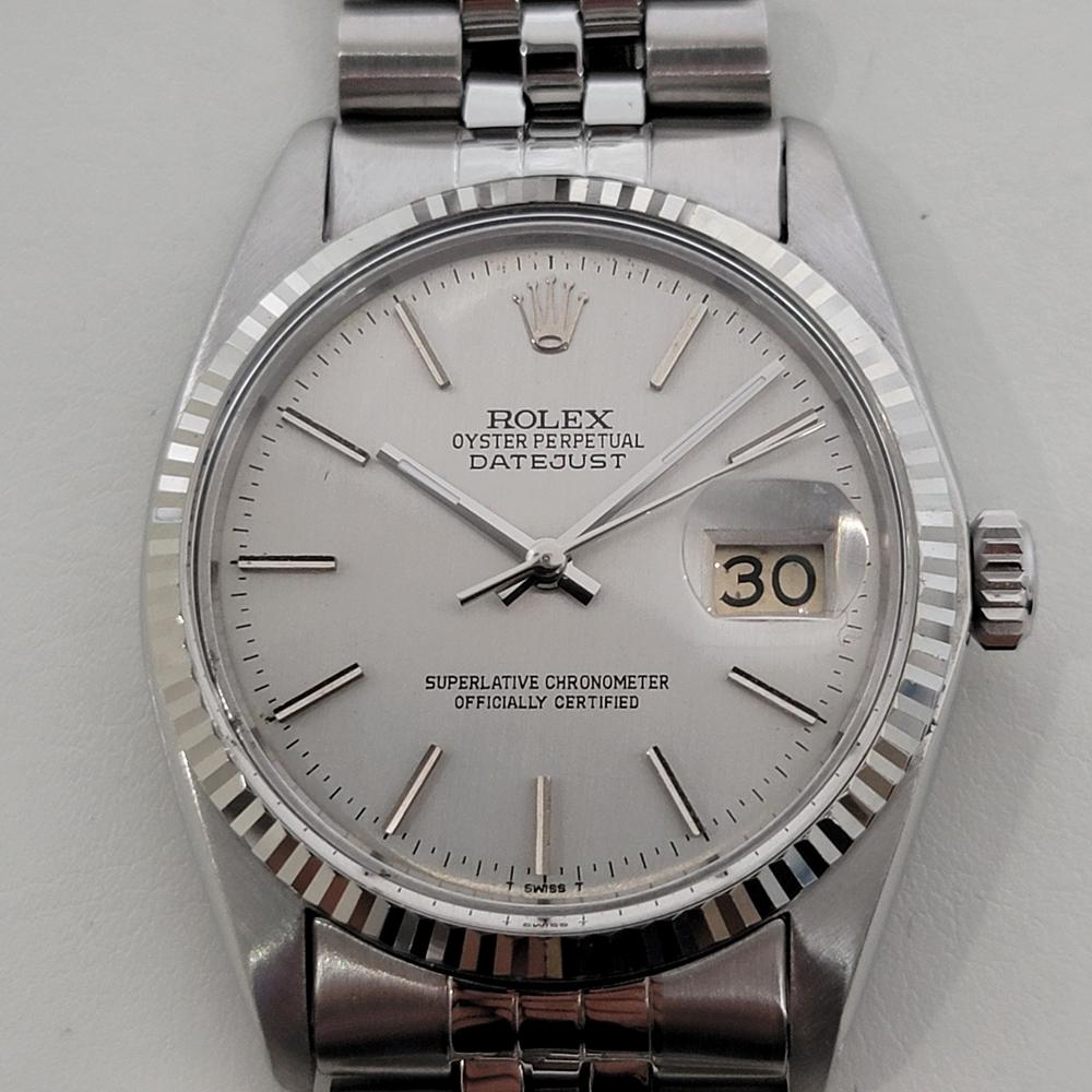 Timeless icon, Men's 18k white gold and stainless steel Rolex Oyster Perpetual Datejust Ref.16014 automatic, c.1979, all original, in excellent working condition. Verified authentic by a master watchmaker. Gorgeous Rolex signed silver dial, applied