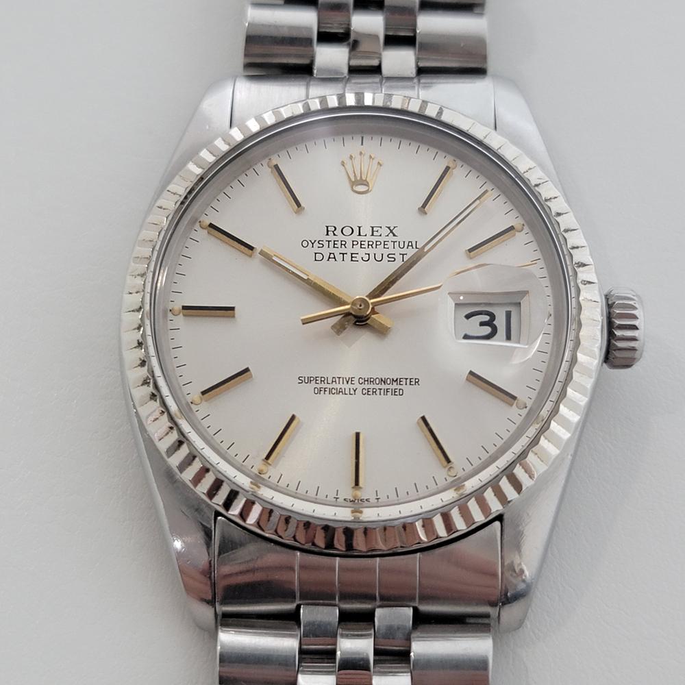 Timeless icon, Men's 18k white gold and stainless steel Rolex Oyster Perpetual Datejust Ref.16014 automatic, c.1982, all original. Verified authentic by a master watchmaker. Gorgeous Rolex signed silver dial, applied indice hour markers, gilt minute