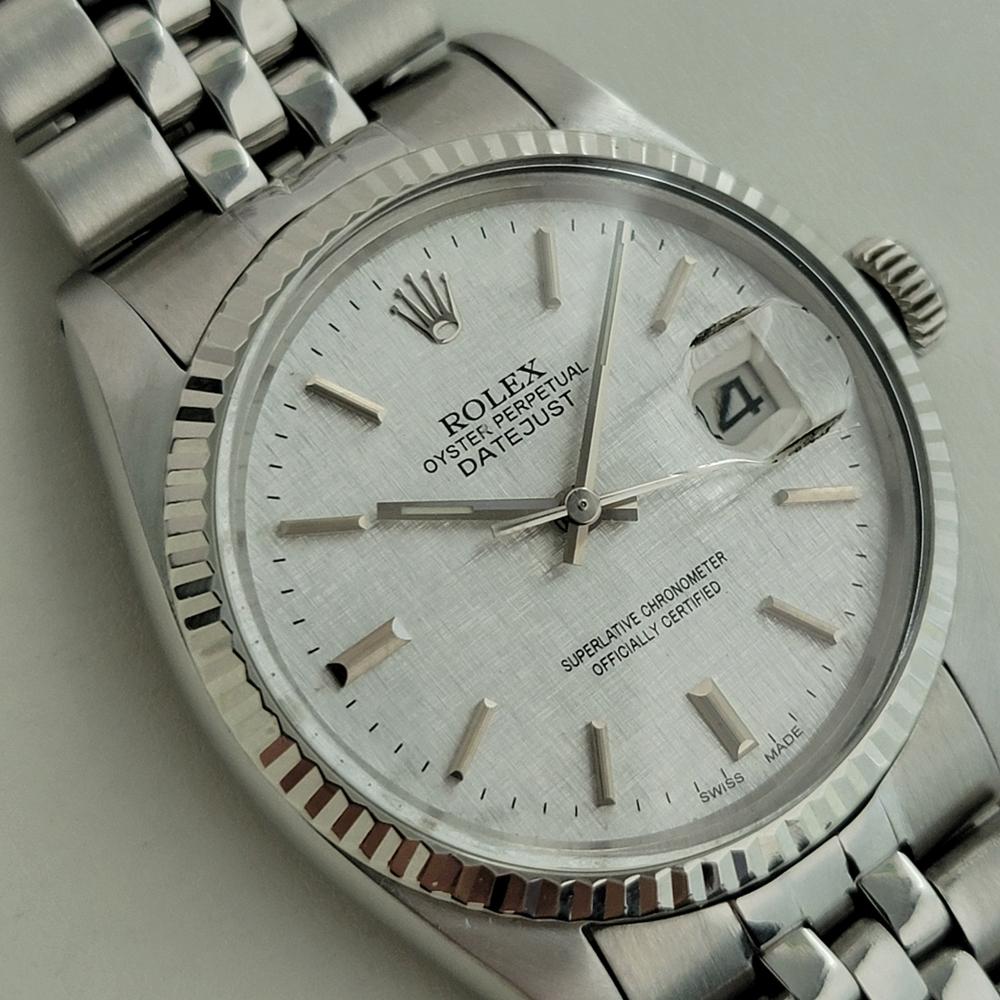 Mens Rolex Datejust Ref 16014 36mm 18k White Gold SS Automatic 1980s Swiss RA392 In Excellent Condition For Sale In Beverly Hills, CA