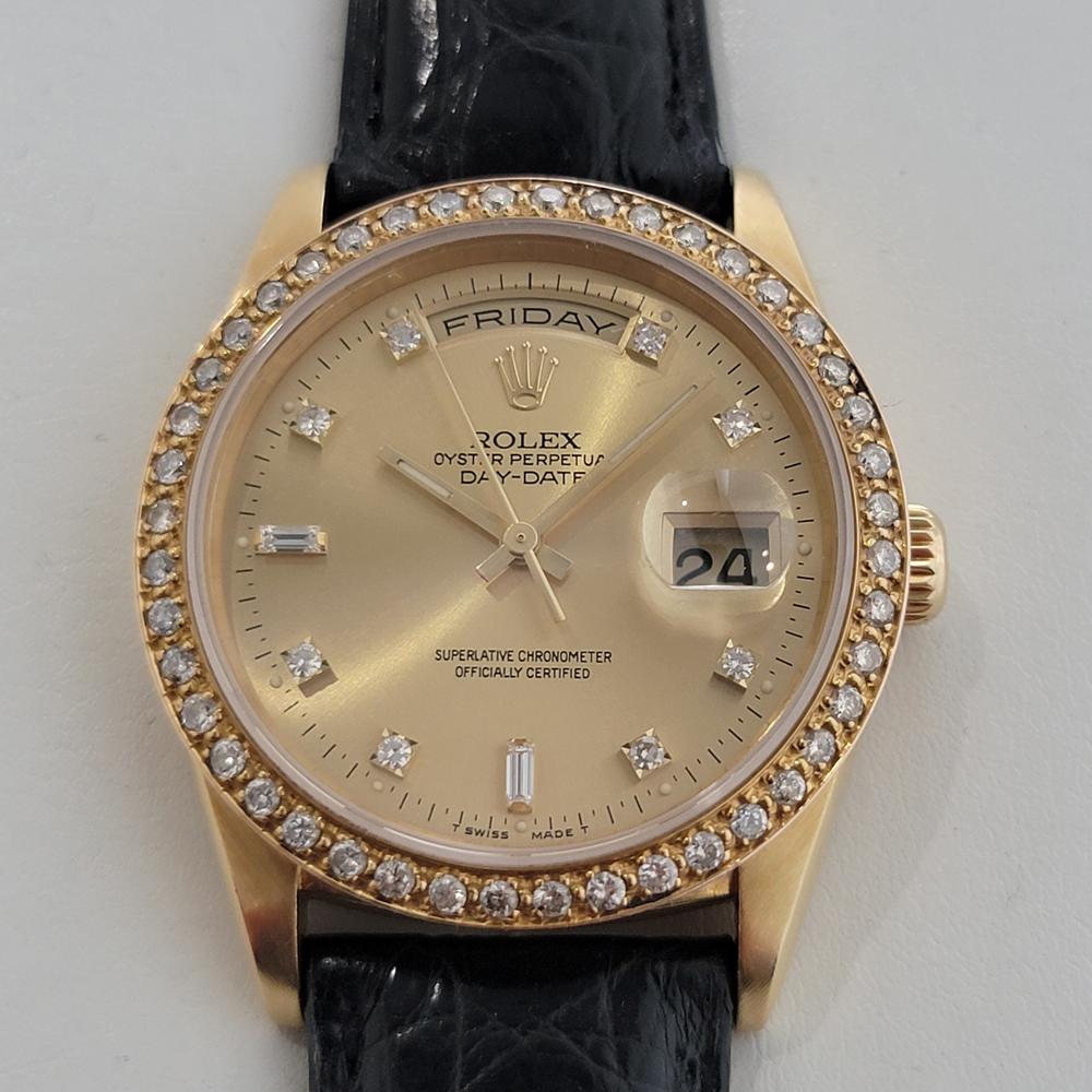 One of the most iconic watch, now with dazzling diamond accent, Men's 18k solid gold Rolex Oyster Perpetual Day-Date ref.18238, the 