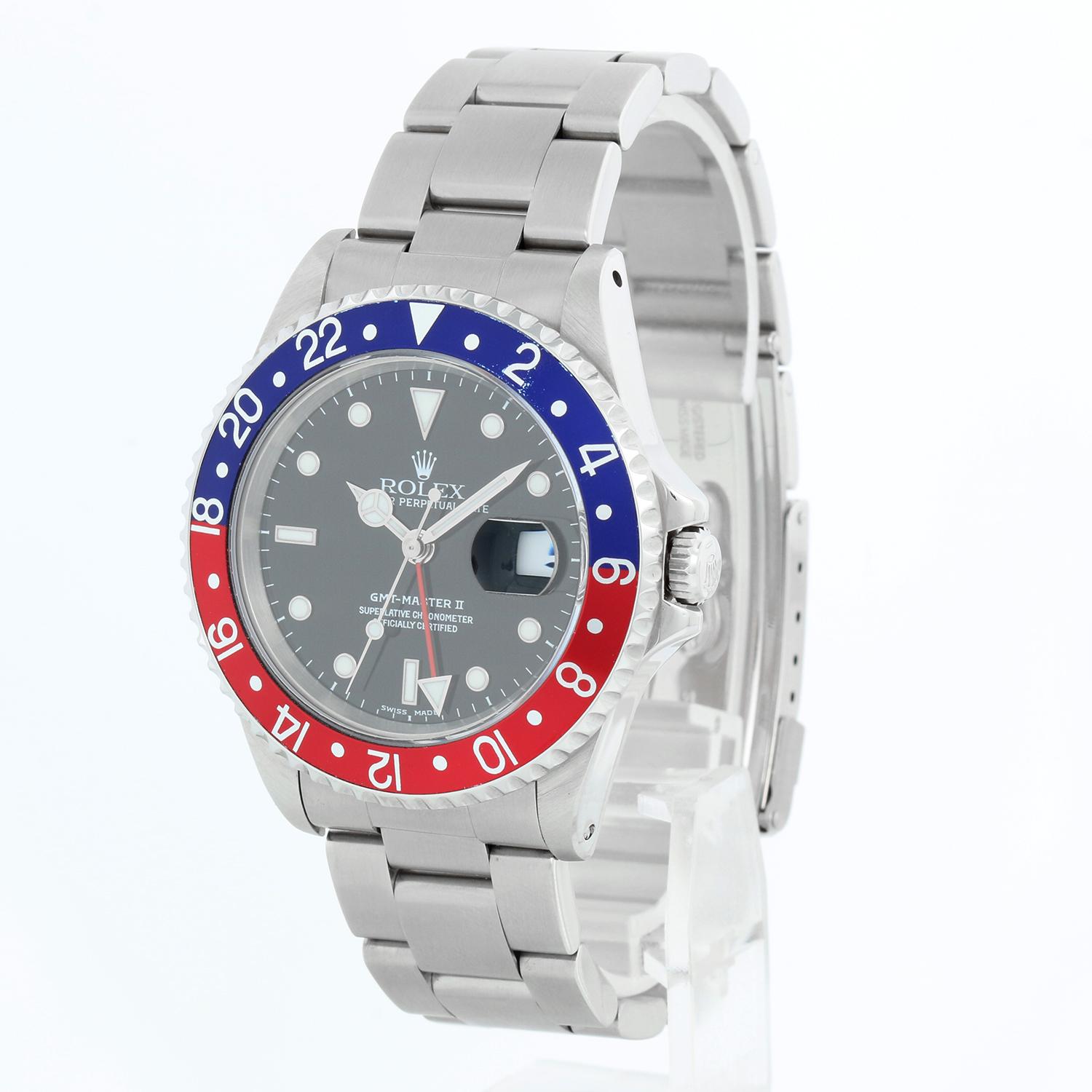 Orologio da uomo Rolex GMT - Master II 16710 Pepsi Lunetta girevole - Carica automatica, 31 Jewell, Quickset, vetro zaffiro. Cassa e lunetta girevole in acciaio inossidabile con inserto rosso e blu. Quadrante nero con indici luminosi. Bracciale