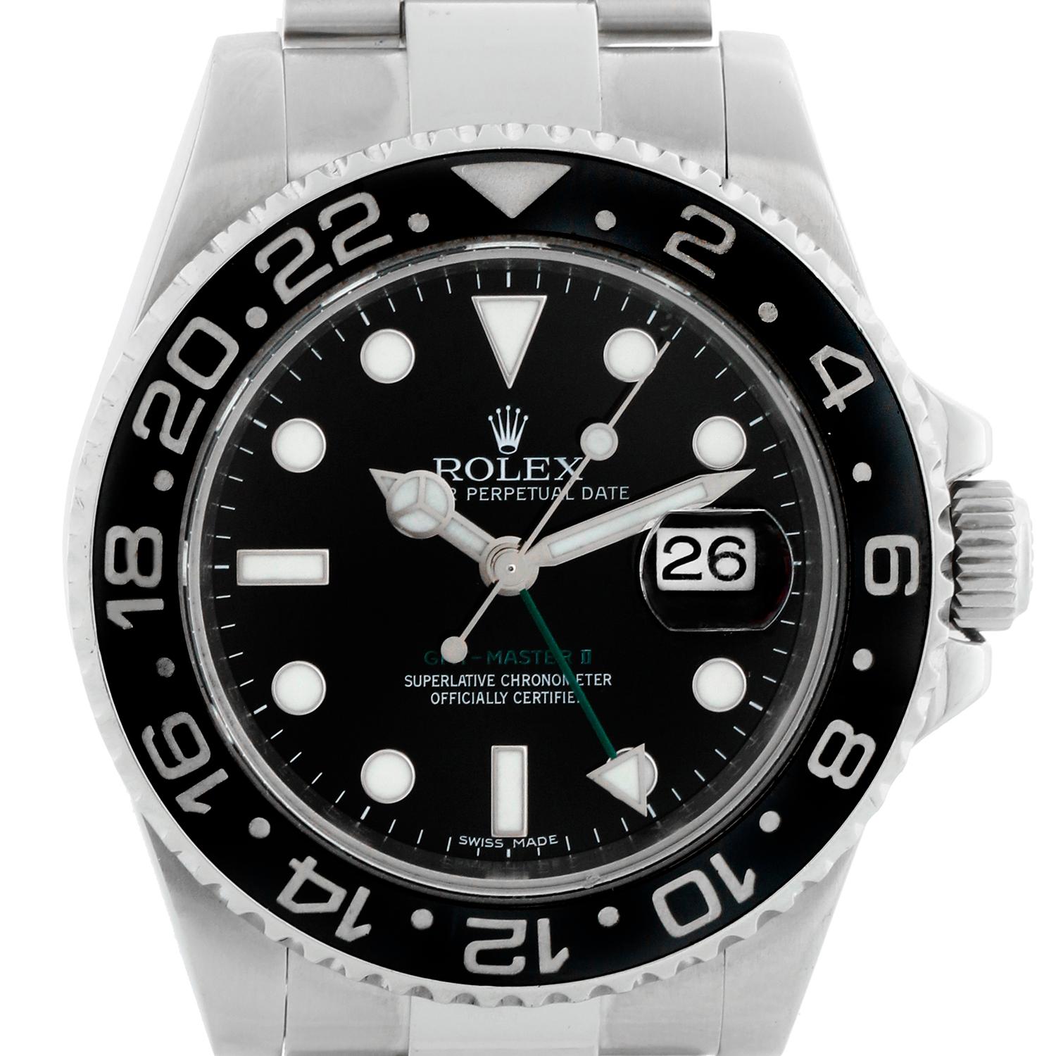 Men's Rolex GMT-Master II Watch Ceramic Bezel 116710 (116710N) - Automatic winding, 31 jewels. Stainless steel case with 24 hour ceramic bezel, engraved inside  (40mm diameter). Black dial with luminous markers; green GMT hand. Stainless steel