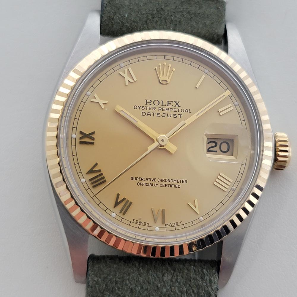 Timeless icon, Men's 18k gold and stainless steel Rolex Oyster Perpetual Datejust Ref.16013 automatic, c.1987, in excellent working condition. Verified authentic by a master watchmaker. Gorgeous Rolex signed gold dial, applied Roman numeral hour