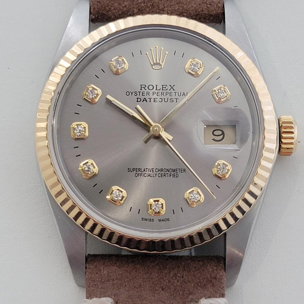 Dazzling iconic classic, Men's 18k gold and stainless steel Rolex Oyster Perpetual Datejust Ref.16013 automatic diamond dial, c.1987, in excellent working condition. Verified authentic by a master watchmaker. Gorgeous Rolex signed bronze dial,