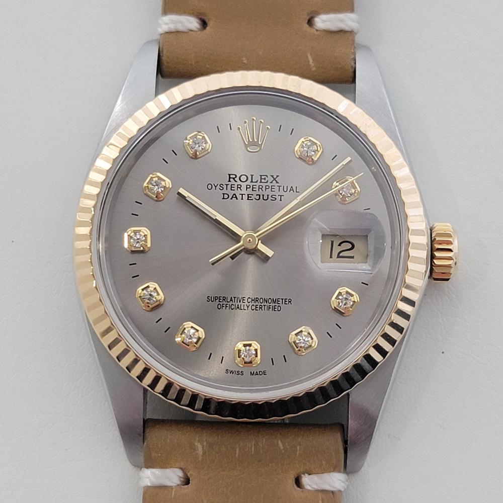 Luxurious classic, Men's 18k gold and stainless steel Rolex Oyster Perpetual Datejust Ref.16013 diamond dial automatic, c.1987, in excellent working condition. Verified authentic by a master watchmaker. Gorgeous Rolex signed bronze dial, applied