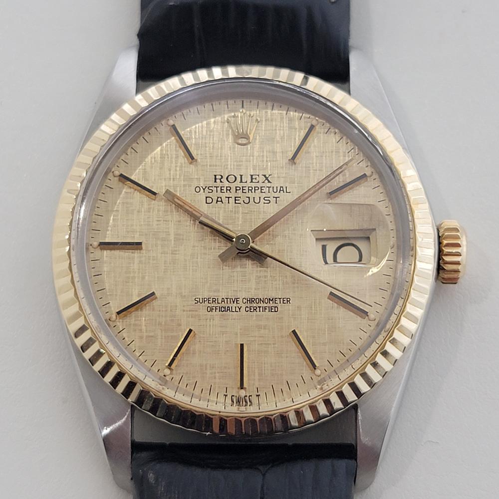 Timeless icon, Men's 18k gold and stainless steel Rolex Oyster Perpetual Datejust Ref.16013 automatic, c.1979, in excellent working condition. Verified authentic by a master watchmaker. Gorgeous Rolex signed gold linen dial, applied baton index hour