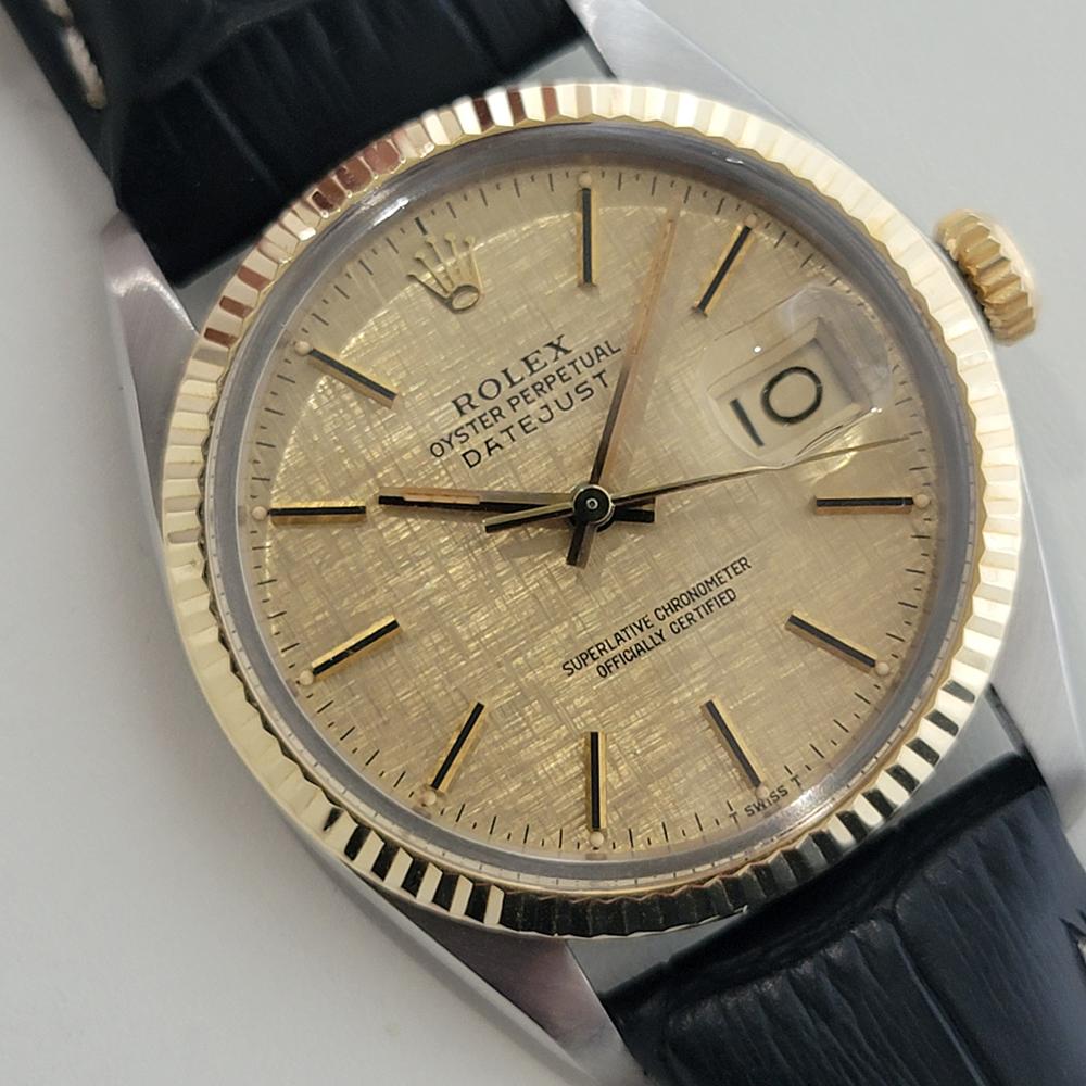 Mens Rolex Oyster 16013 Datejust 36mm 18k SS Linen Dial Automatic 1970s RA526 In Excellent Condition For Sale In Beverly Hills, CA