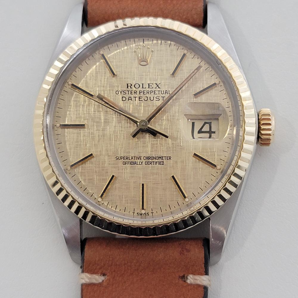 Iconic classic, Men's 18k gold and stainless steel Rolex Oyster Perpetual Datejust Ref.16013 automatic, c.1979, in excellent working condition. Verified authentic by a master watchmaker. Gorgeous Rolex signed gold linen dial, applied baton index