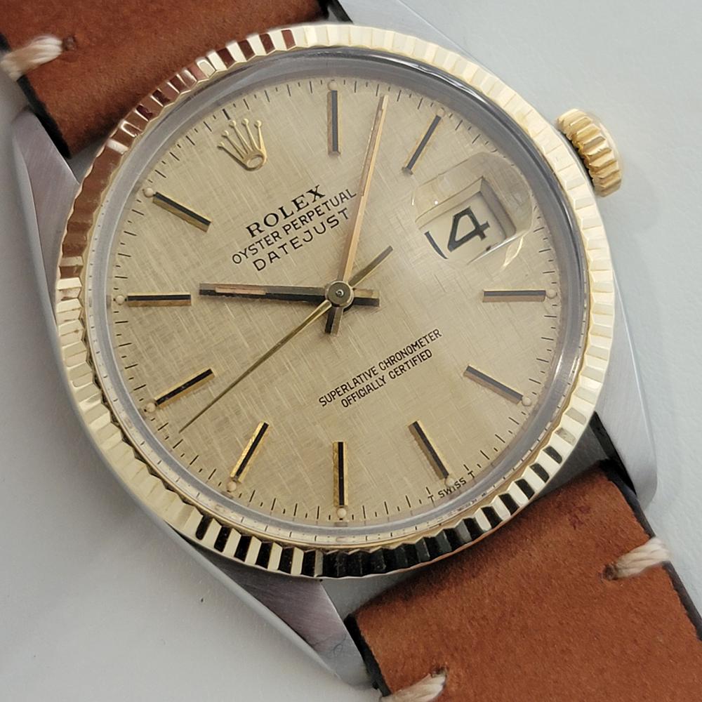Mens Rolex Oyster 16013 Datejust 36mm 18k SS Linen Dial Automatic 1970s RA526B In Excellent Condition For Sale In Beverly Hills, CA