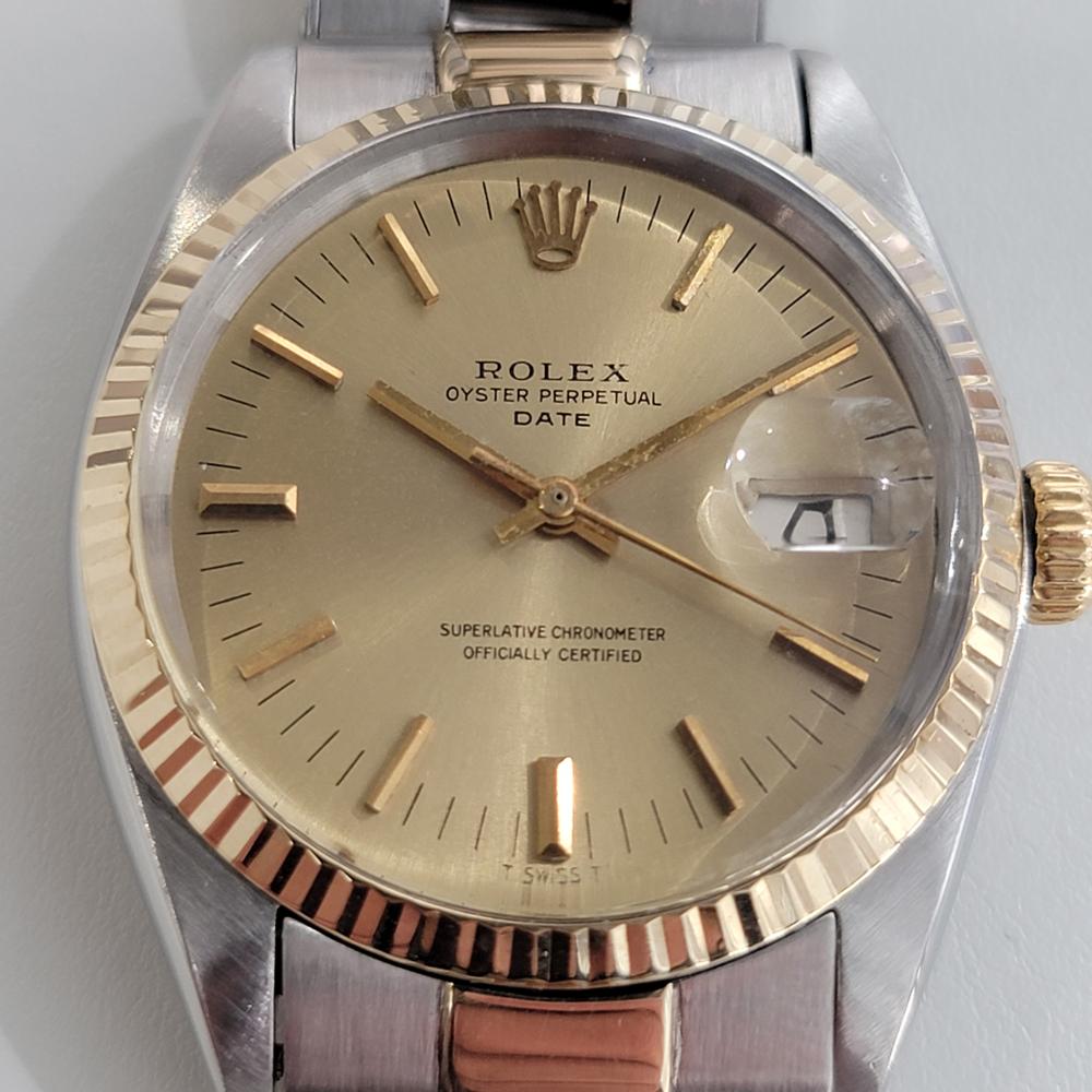 Timeless classic, Men's Rolex Oyster Perpetual Date 1500 14k gold & stainless steel automatic, c.1968, all original, with Rolex pouch. Verified authentic by a master watchmaker. Gorgeous Rolex signed gold dial, applied gold indice hour markers, gilt