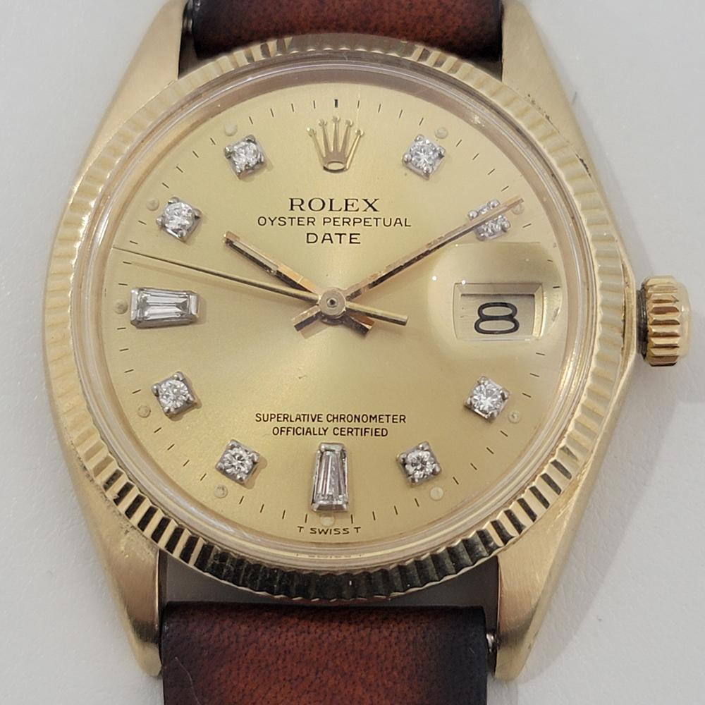 Timeless luxury, Men's 14k solid gold Rolex Oyster Perpetual Date Ref 1503 automatic, c.1970s, in pristine vintage condition. Verified authentic by a master watchmaker. Gorgeous Rolex signed gold dial, custom diamond set hour markers, gilt minute