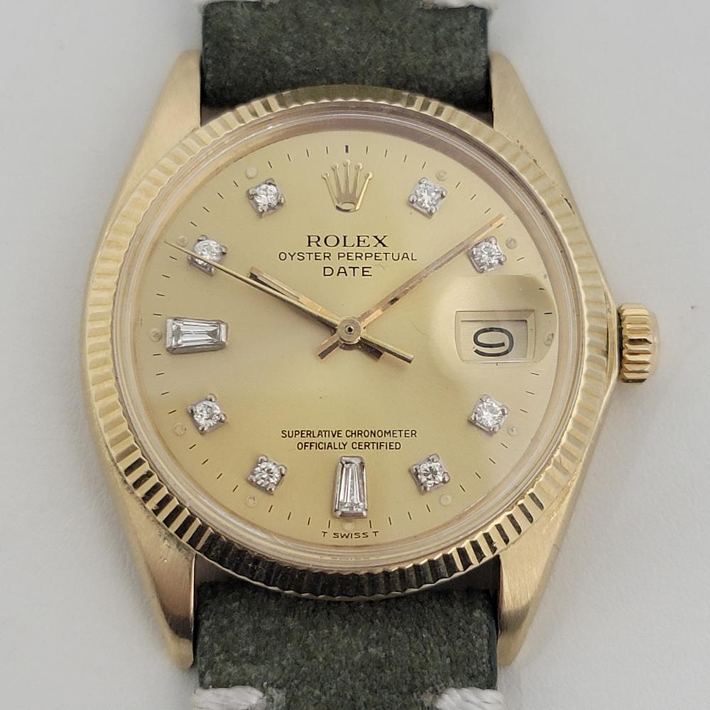 Luxurious classic, Men's 14k solid gold Rolex Oyster Perpetual Date Ref 1503 automatic, c.1970s, in pristine vintage condition with gorgeous aftermarket diamond hour set. Verified authentic by a master watchmaker. Gorgeous Rolex signed gold dial,