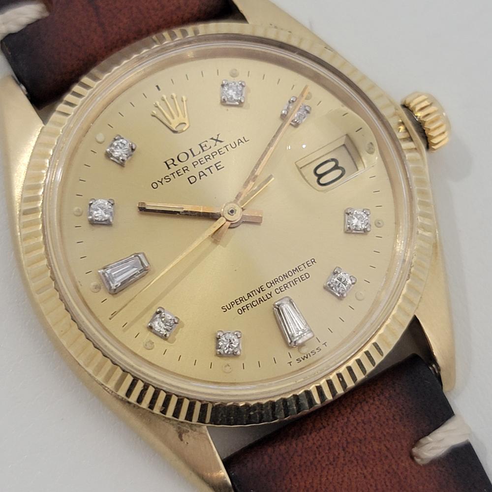 Mens Rolex Oyster Date 1503 34mm 14k Gold Automatic Diamond dial 1970s NA112 In Excellent Condition For Sale In Beverly Hills, CA