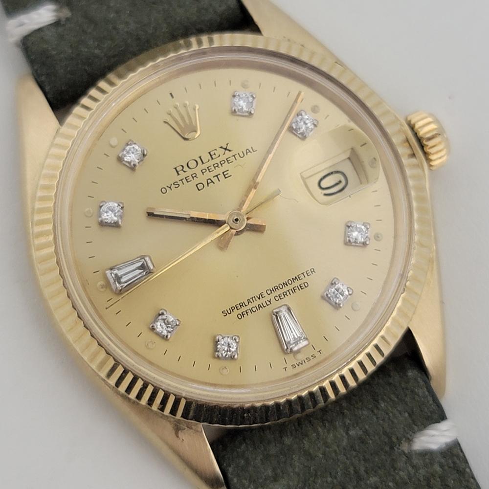 Mens Rolex Oyster Date 1503 34mm 14k Gold Automatic Diamond dial 1970s NA112 In Excellent Condition For Sale In Beverly Hills, CA