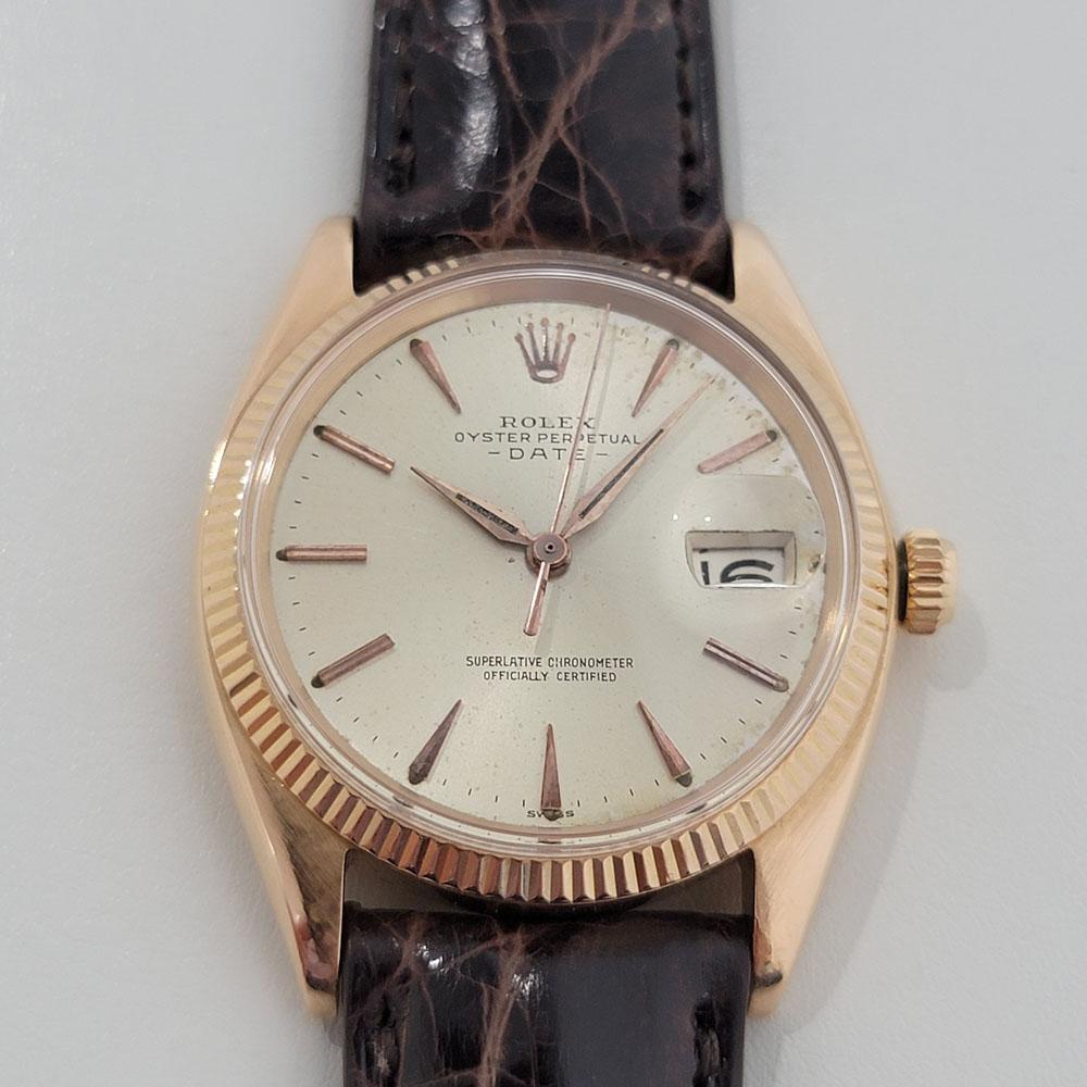 Luxurious classic, Men's 18k solid gold Rolex Oyster Perpetual Date 1503 automatic, c.1960s. Verified authentic by a master watchmaker. Gorgeous Rolex signed champagne dial, unique applied gold indice and dagger hour markers, gilt minute and hour
