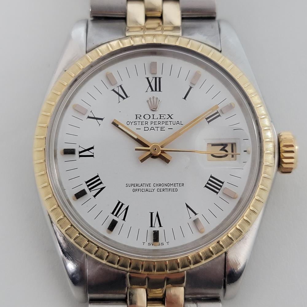 Timeless classic, Men's Rolex Oyster Perpetual Date 1505 18k gold & ss automatic, c.1974, all original, with papers. Verified authentic by a master watchmaker. Gorgeous Rolex signed polar dial, applied gold indice and black Roman numeral hour