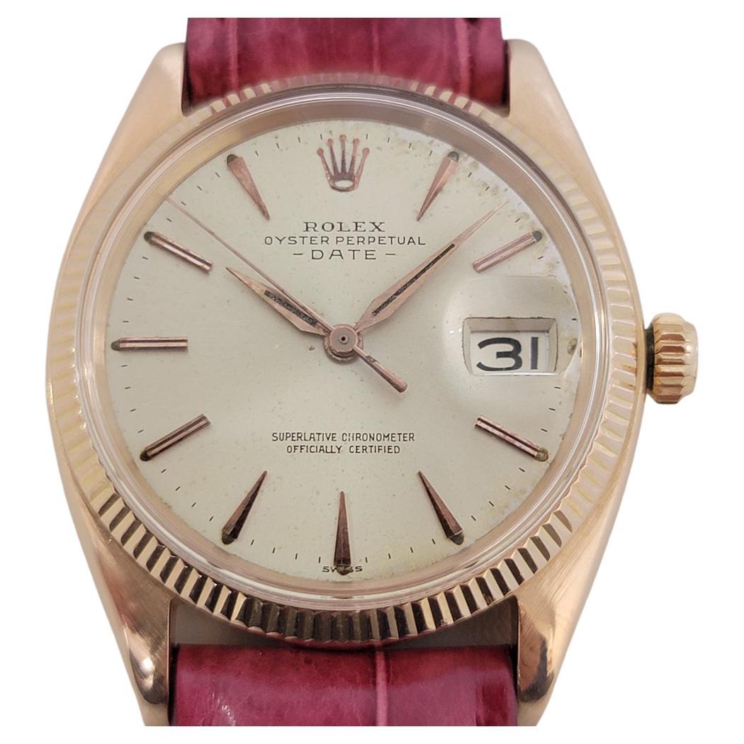 Timeless luxury, Men's Rolex Oyster Perpetual Date ref.1503 18k rose gold automatic, c.1960s. Verified authentic by a master watchmaker. Gorgeous Rolex signed champagne dial, unique applied gold indice and dagger hour markers, gilt minute and hour