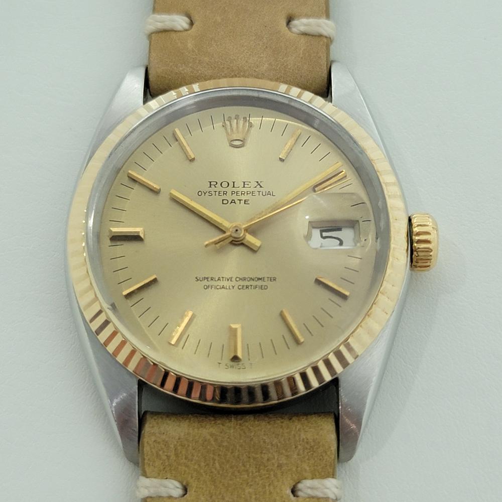 Iconic classic, Men's Rolex 1500 Oyster Perpetual Date 14k gold & stainless steel automatic, c.1960s, with original Rolex pouch. Verified authentic by a master watchmaker. Gorgeous Rolex signed gold dial, applied gold indice hour markers, gilt