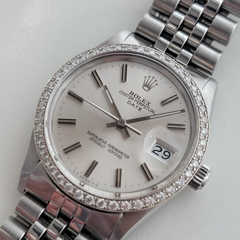 Dazzling luxury, Men's Rolex Oyster Perpetual Date Ref.15000 automatic, c.1981 with diamond bezel. Verified authentic by a master watchmaker. Gorgeous Rolex signed silver dial, applied baton hour markers, silver minute and hour hands, sweeping