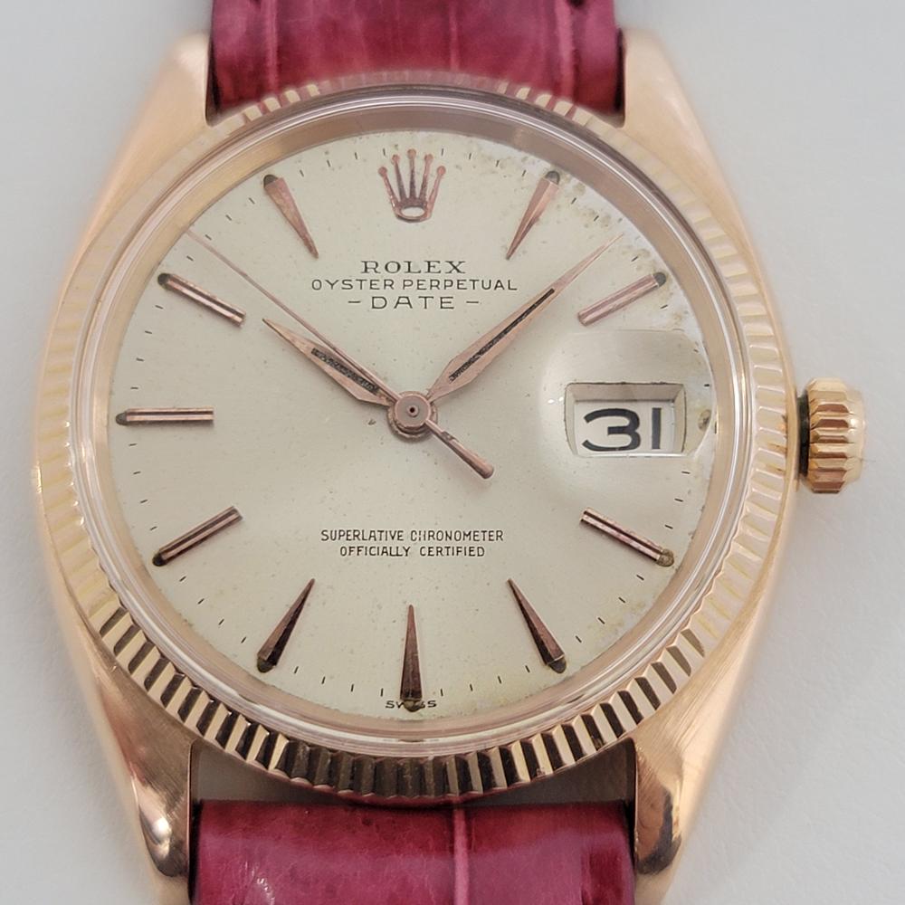 Timeless luxury, Men's Rolex Oyster Perpetual Date ref.1503 18k rose gold automatic, c.1960s. Verified authentic by a master watchmaker. Gorgeous Rolex signed champagne dial, unique applied gold indice and dagger hour markers, gilt minute and hour