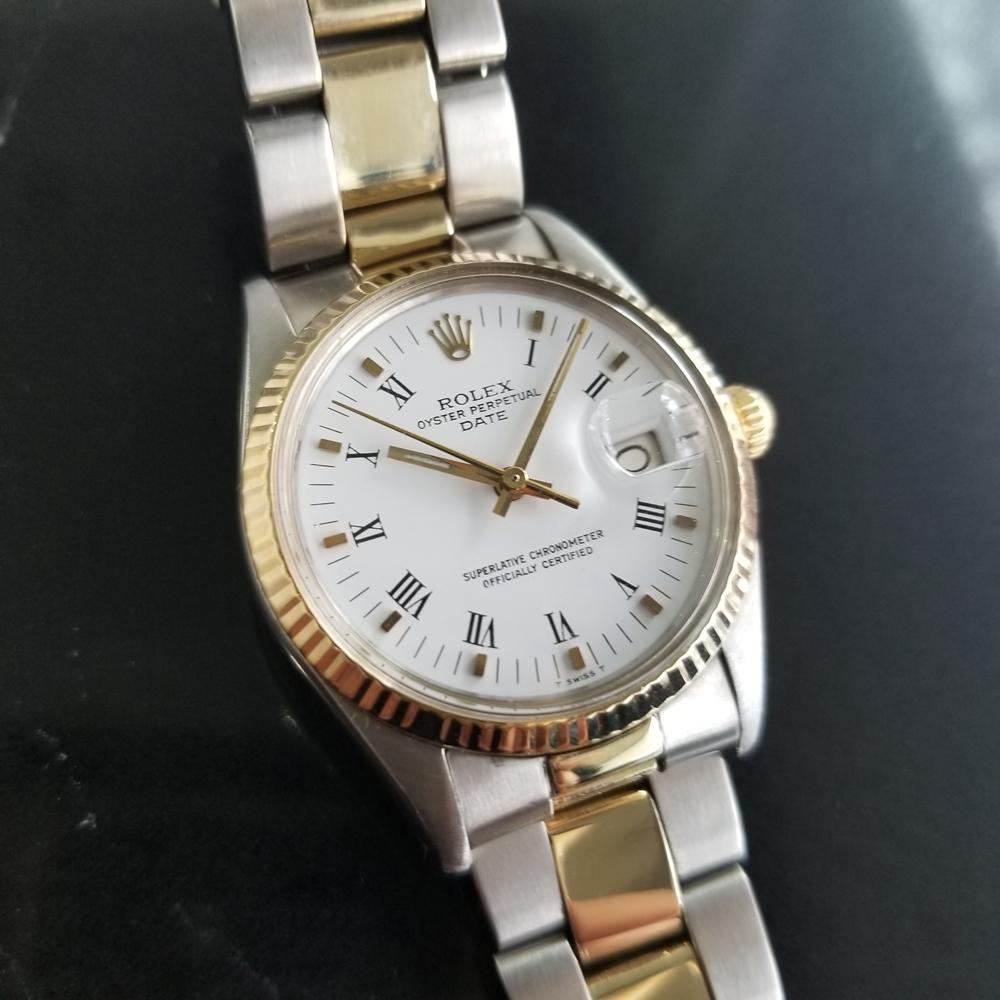Timeless icon, Men's Rolex 18K yellow gold and stainless steel Ref.15000 Oyster Perpetual Date, circa 1982, all original. Verified authentic by a master watchmaker. Stunning Rolex-signed polar white dial with applied gold block and black Roman