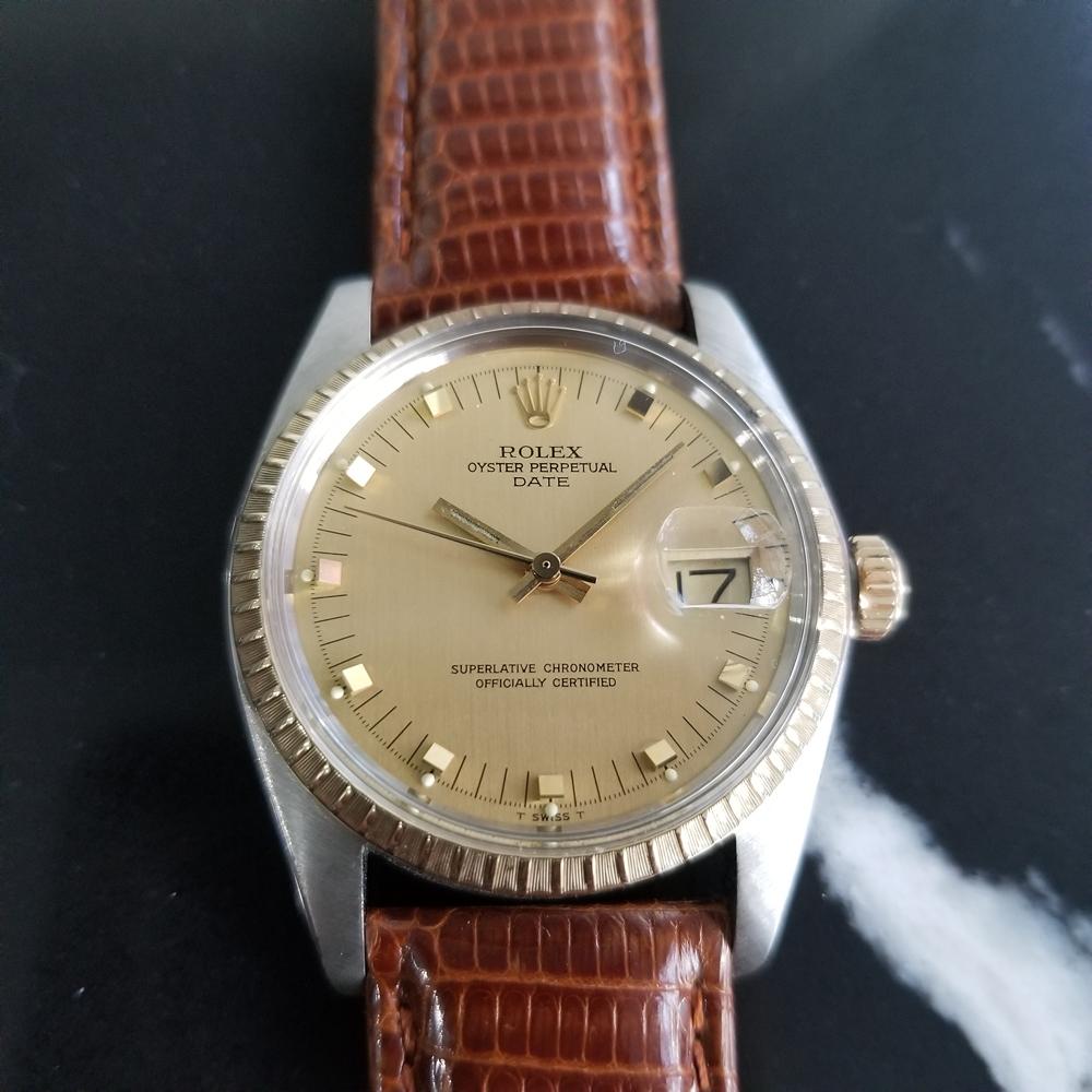 Timeless classic, Men's 14k gold & stainless steel Rolex Oyster Perpetual Date Ref.1505 automatic, c.1979. Verified authentic by a master watchmaker. Gorgeous Rolex-signed gold dial, applied indice hour markers, lumed minute and hour hands, sweeping