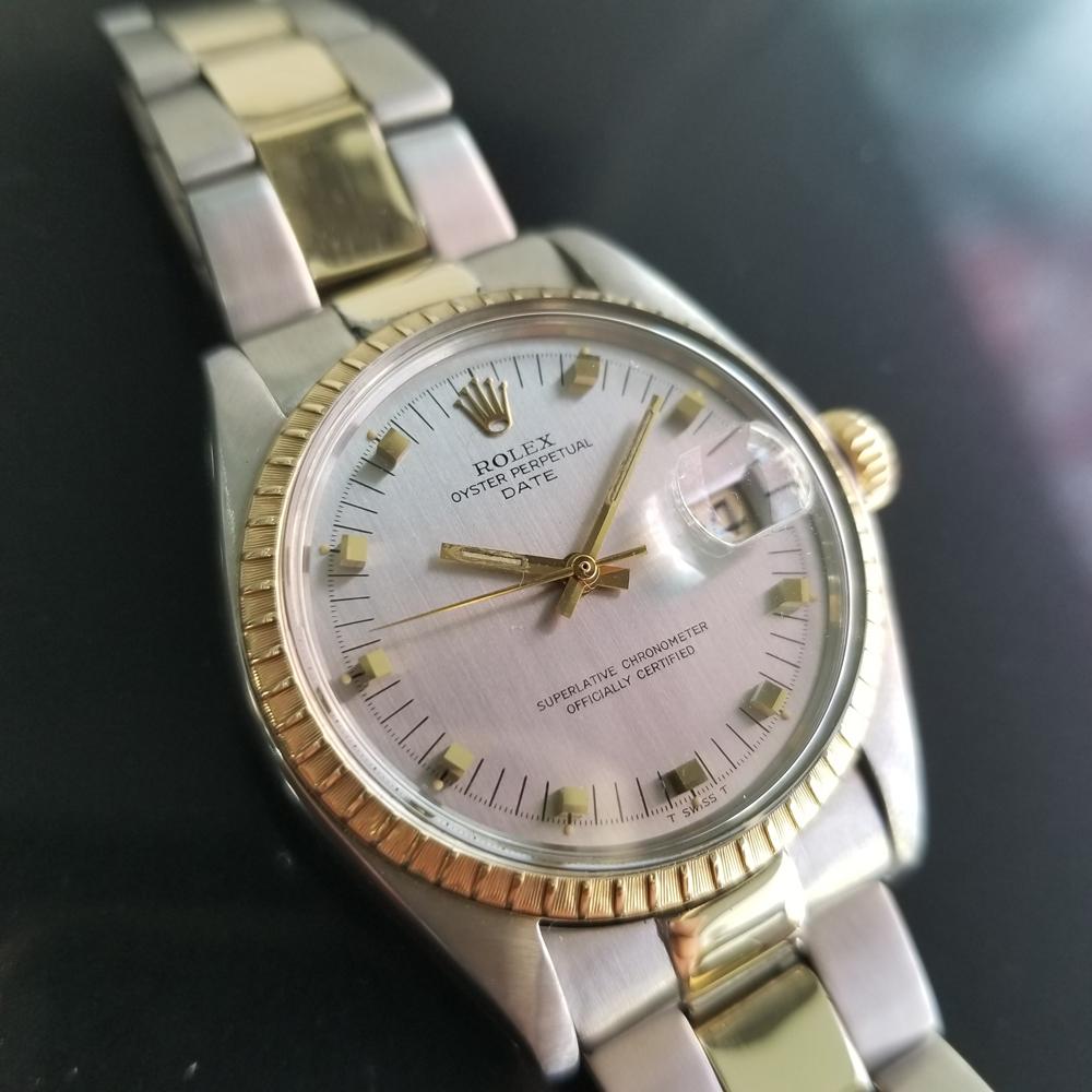 Timeless icon, Men's 14k gold & stainless steel Rolex Oyster Perpetual Date Ref.1505 automatic, c.1978, all original. Verified authentic by a master watchmaker. Gorgeous Rolex-signed gray-silver textured dial, applied indicehour markers, lumed