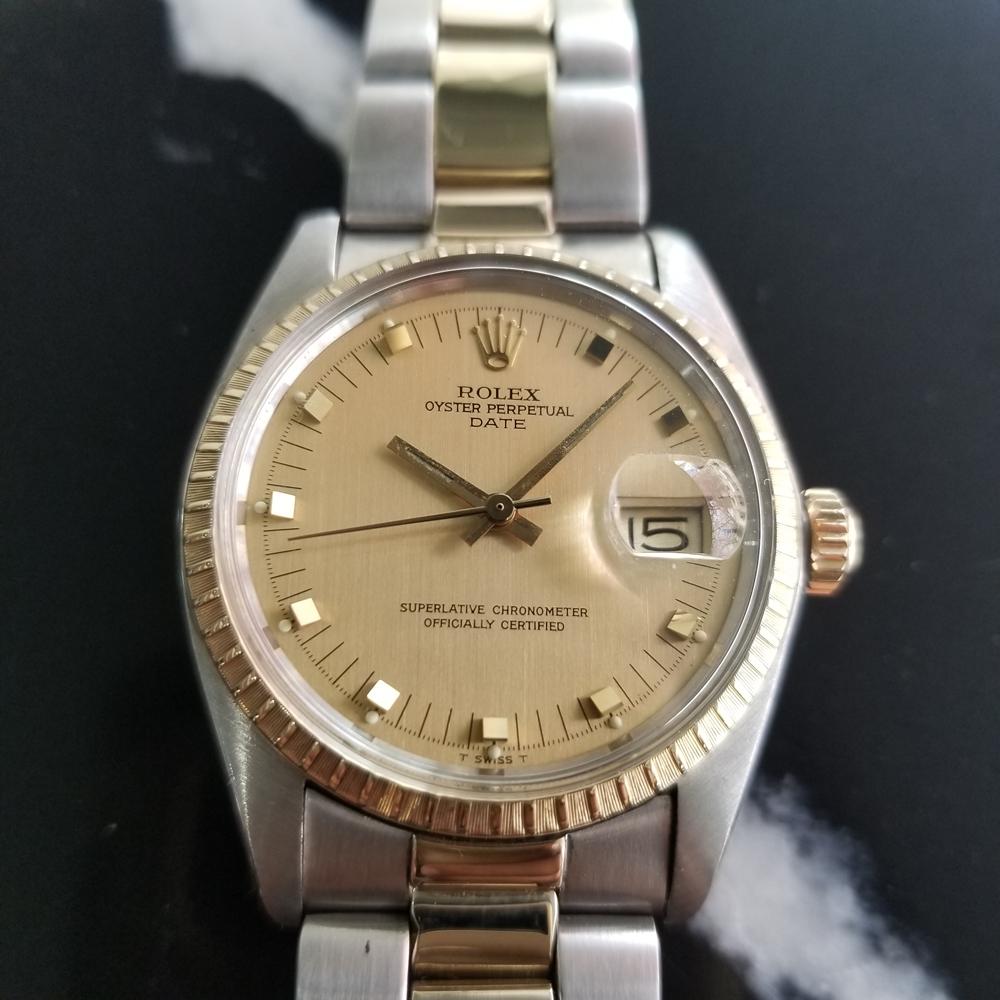 Timeless icon, Men's 14k gold & stainless steel Rolex Oyster Perpetual Date Ref.1505 automatic, c.1979, all original. Verified authentic by a master watchmaker. Gorgeous Rolex-signed gold dial, applied indice hour markers, lumed minute and hour