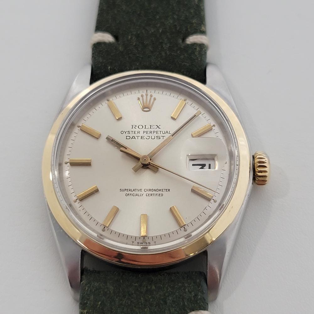 Iconic classic, Men's 14k gold and stainless steel Rolex Oyster Perpetual Datejust Ref 1600 automatic, c.1967. Verified authentic by a master watchmaker. Gorgeous Rolex signed dial, applied indice hour markers, gilt minute and hour hands, sweeping