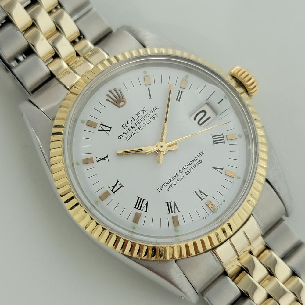 Timeless icon, Men's 14k gold and stainless steel Rolex Oyster Perpetual Datejust Ref.1600 automatic, c.1967, all original. Verified authentic by a master watchmaker. Gorgeous Rolex signed white dial, applied indice and printed Roman numeral hour