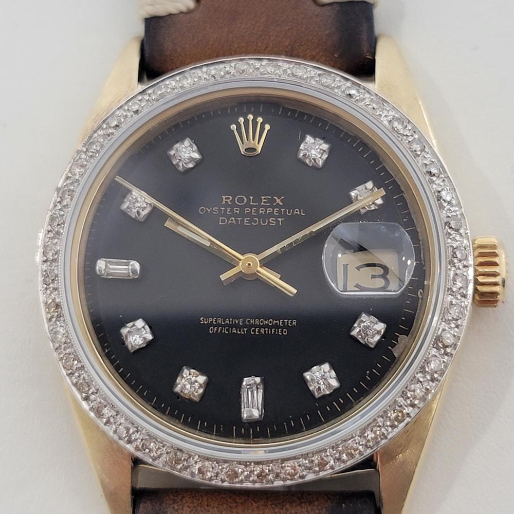 A stunning classic, Men's solid 14k gold Rolex 1601 Oyster Perpetual Datejust automatic with diamond dial and bezel, c.1968, in excellent working condition. Verified authentic by a master watchmaker. Gorgeous Rolex signed black dial, gilt minute and