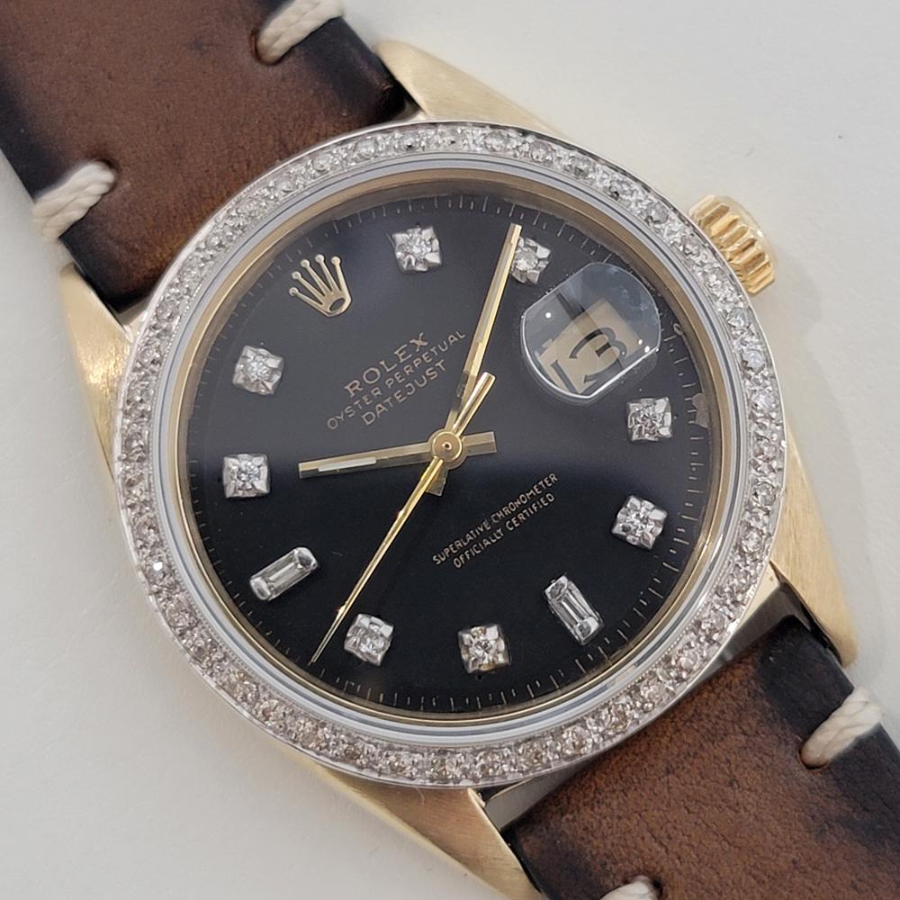 Mens Rolex Oyster Datejust 1601 14k Gold Automatic Diamond Bezel 1960s RA412 In Excellent Condition For Sale In Beverly Hills, CA