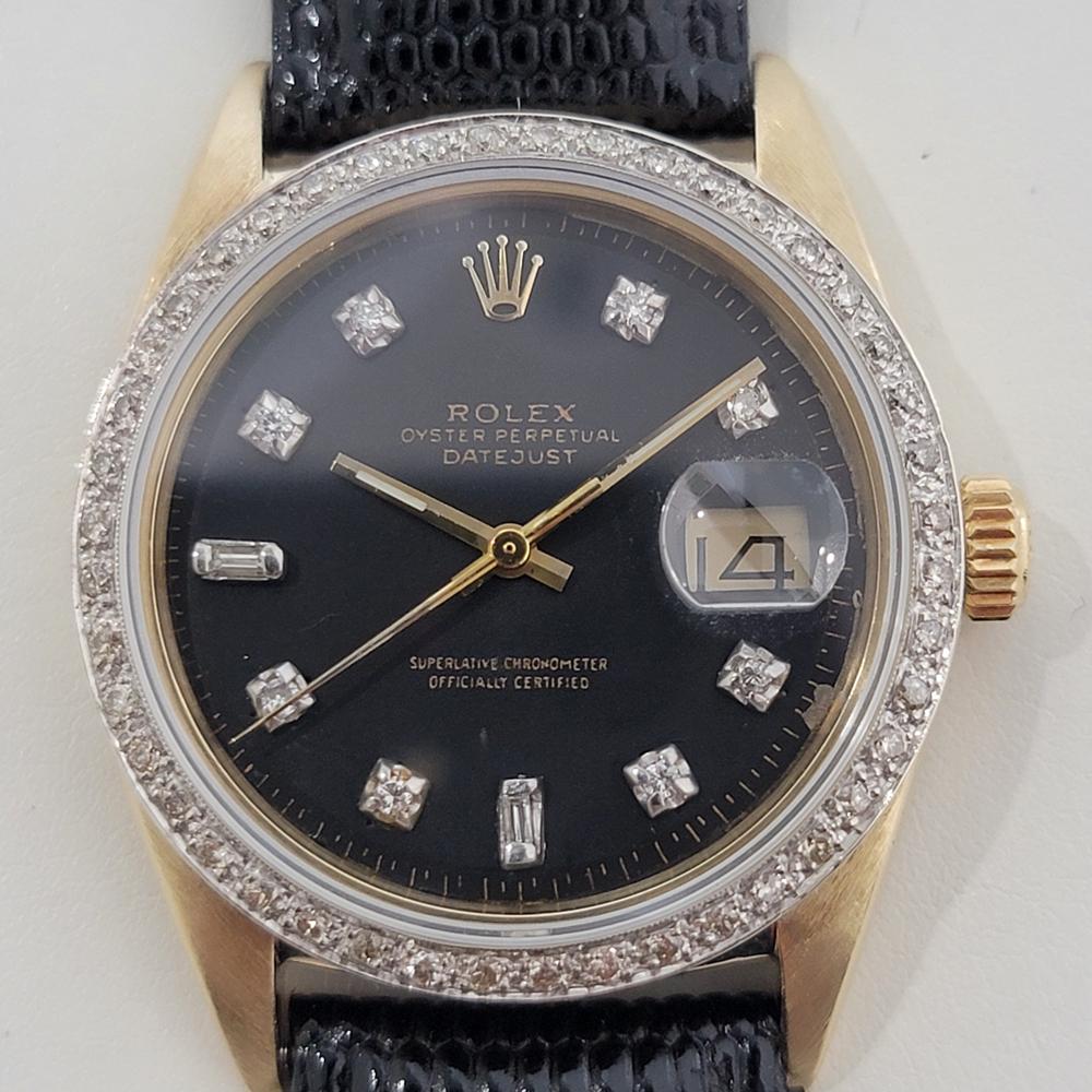 Striking luxurious classic, Men's 14k solid gold Rolex 1601 Oyster Perpetual Datejust automatic diamond dial and bezel, c.1968, in excellent working condition. Verified authentic by a master watchmaker. Gorgeous Rolex signed black dial, gilt minute