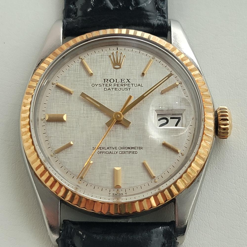 Iconic classic, Men's 14k solid gold and stainless steel Rolex Oyster Perpetual Datejust Ref.1601 automatic, c.1972. Verified authentic by a master watchmaker. Gorgeous, Rolex signed classic linen dial, applied indice hour markers, gilt minute and