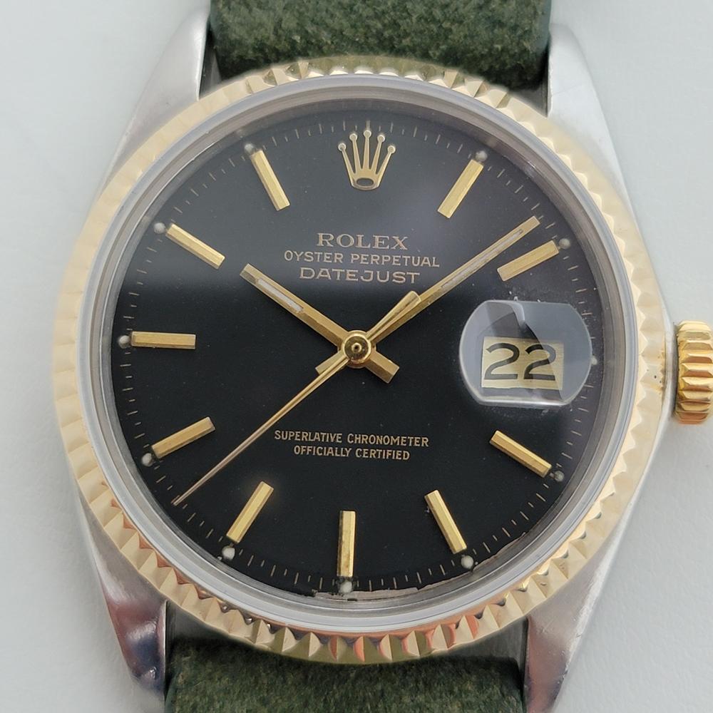 Timeless icon, Men's 18k gold & stainless steel Rolex Oyster Perpetual Datejust Ref.1601 automatic, c.1966. Verified authentic by a master watchmaker. Gorgeous Rolex signed black dial, applied gold indice hour markers, gilt minute and hour hands,