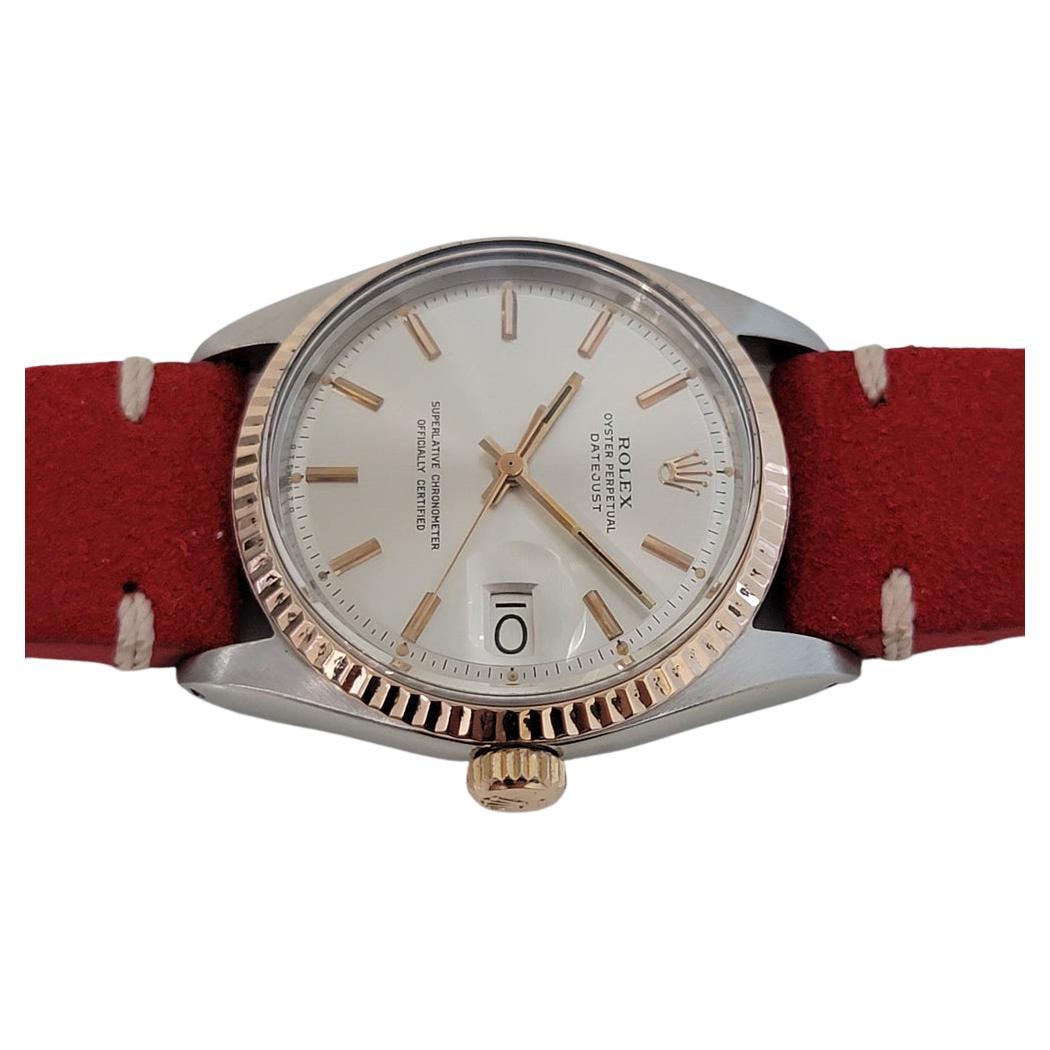 Timeless icon, Men's 18k rose gold and stainless steel Rolex Oyster Perpetual Datejust Ref.1601 automatic, c.1966. Verified authentic by a master watchmaker. Gorgeous Rolex signed silver dial, applied rose gold tone indice hour markers, rose gold