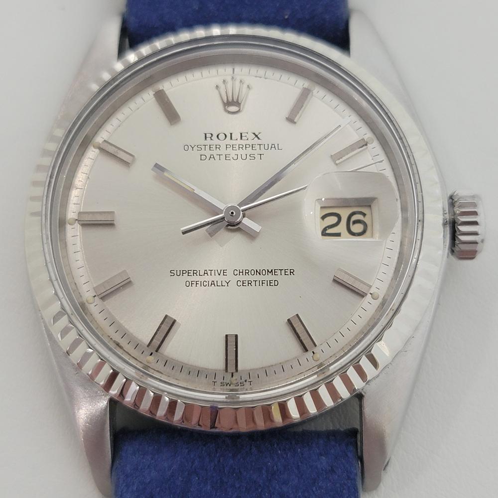 Timeless classic, Men's 18k white gold and stainless steel Rolex Oyster Perpetual Datejust Ref.1601 automatic, c.1966. Verified authentic by a master watchmaker. Gorgeous Rolex signed silver dial, applied indice hour markers, silver minute and hour