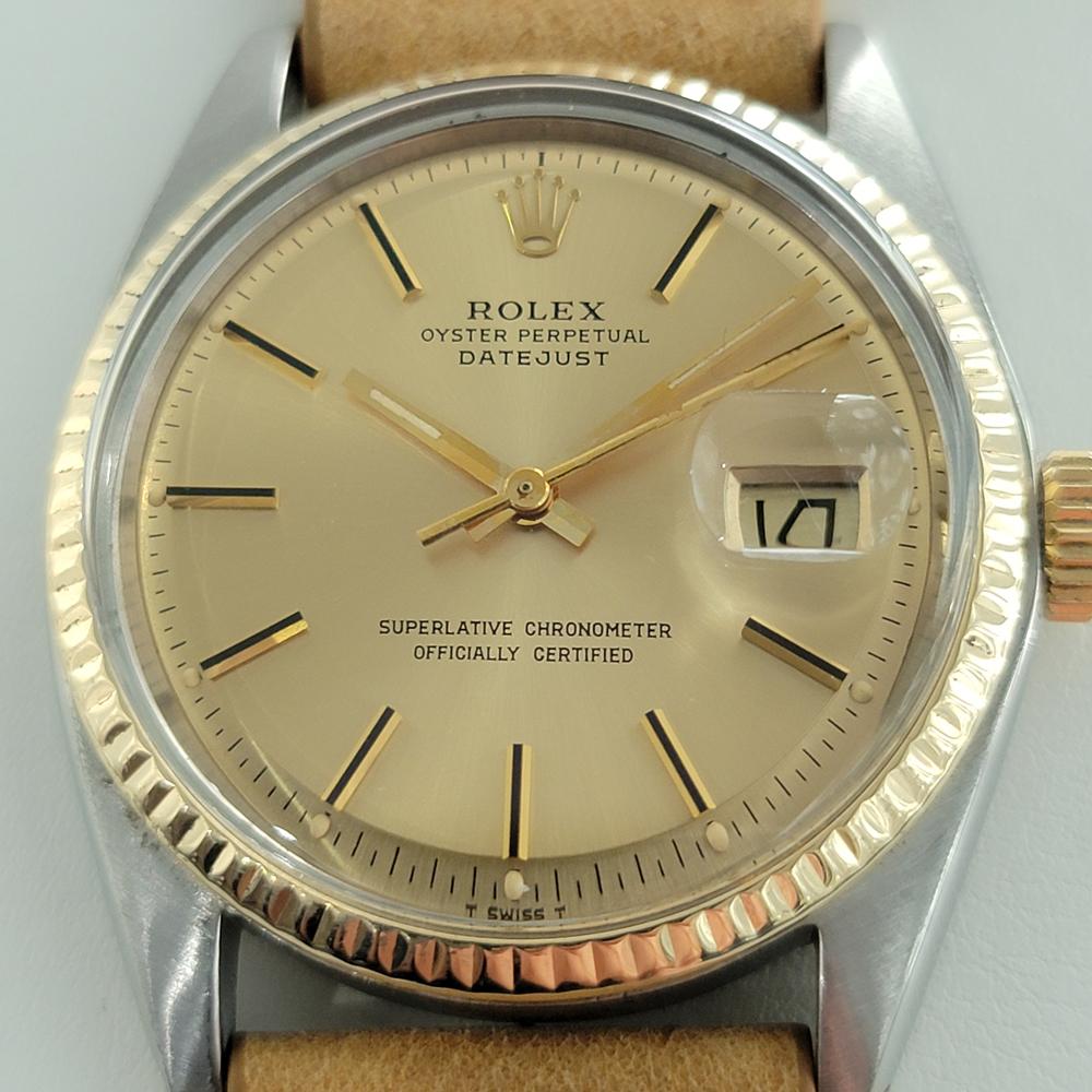 Timeless icon, Men's 18k solid gold and stainless steel Rolex Oyster Perpetual Datejust Ref.1601 automatic, c.1978. Verified authentic by a master watchmaker. Gorgeous Rolex signed gold dial, applied indice hour markers, gilt minute and hour hands,